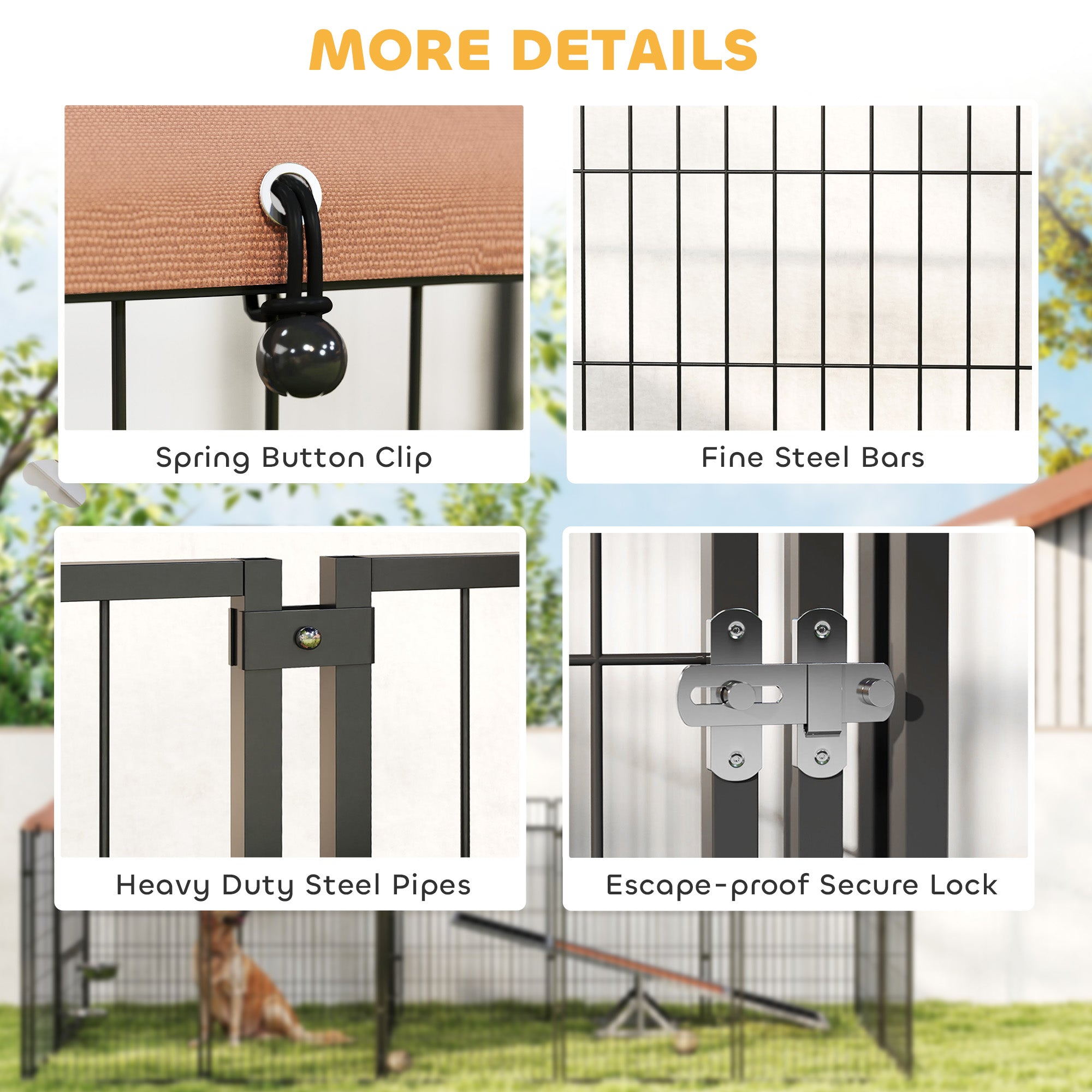 Outdoor Dog Kennel, Dog Run Outdoor with Rotating and Adjustable Height Bowls, Waterproof UV-Resistant Cover, Secure Lock, 11.3' x 4.7' x 5.1'