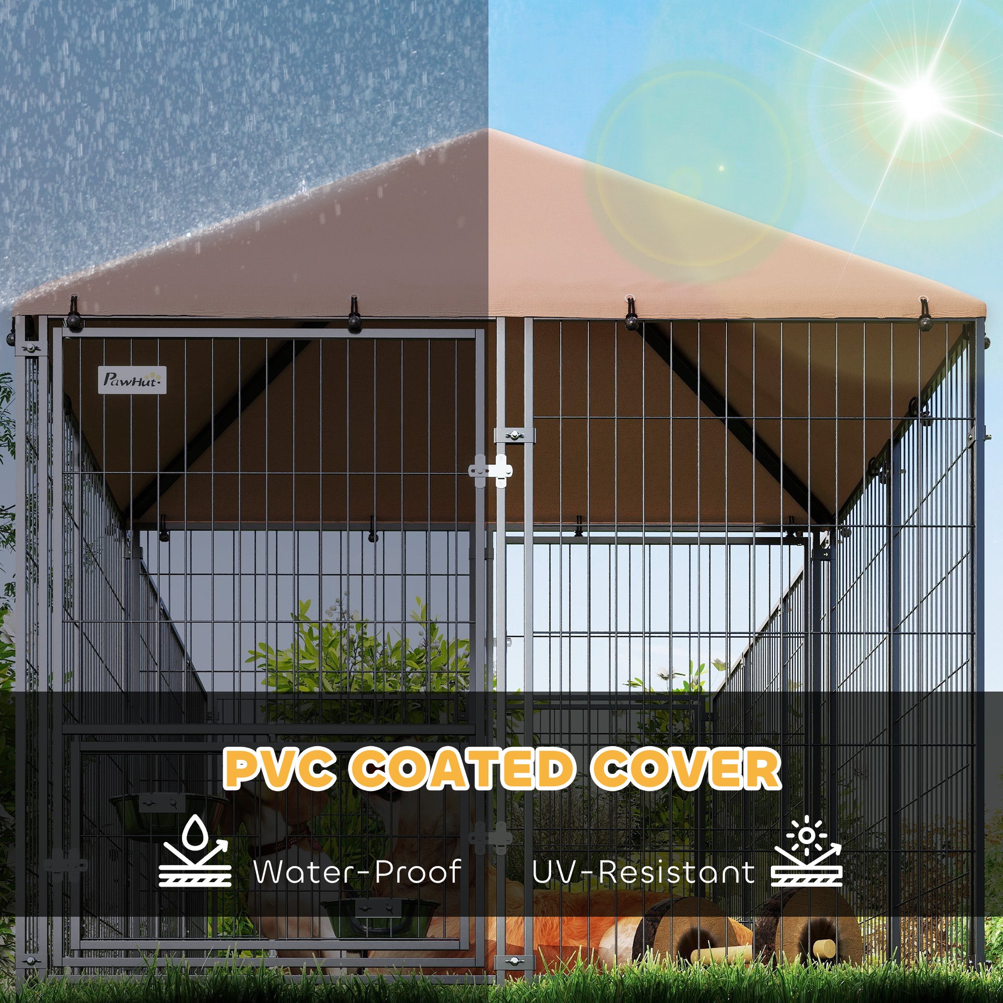 Outdoor Dog Kennel, Dog Run Outdoor with Rotating and Adjustable Height Bowls, Waterproof UV-Resistant Cover, Secure Lock, 11.3' x 4.7' x 5.1'