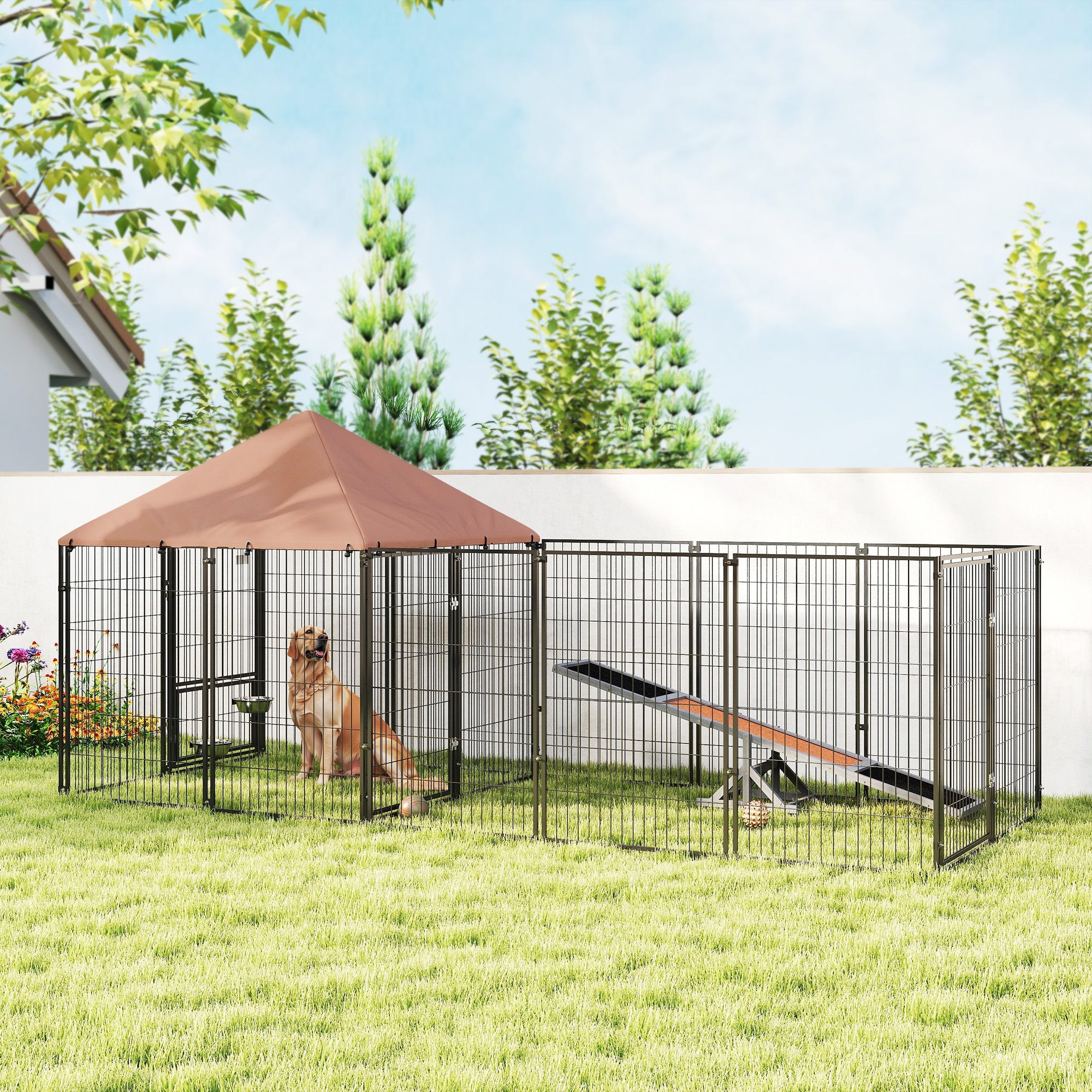 Outdoor Dog Kennel, Dog Run Outdoor with Rotating and Adjustable Height Bowls, Waterproof UV-Resistant Cover, Secure Lock, 11.3' x 4.7' x 5.1'