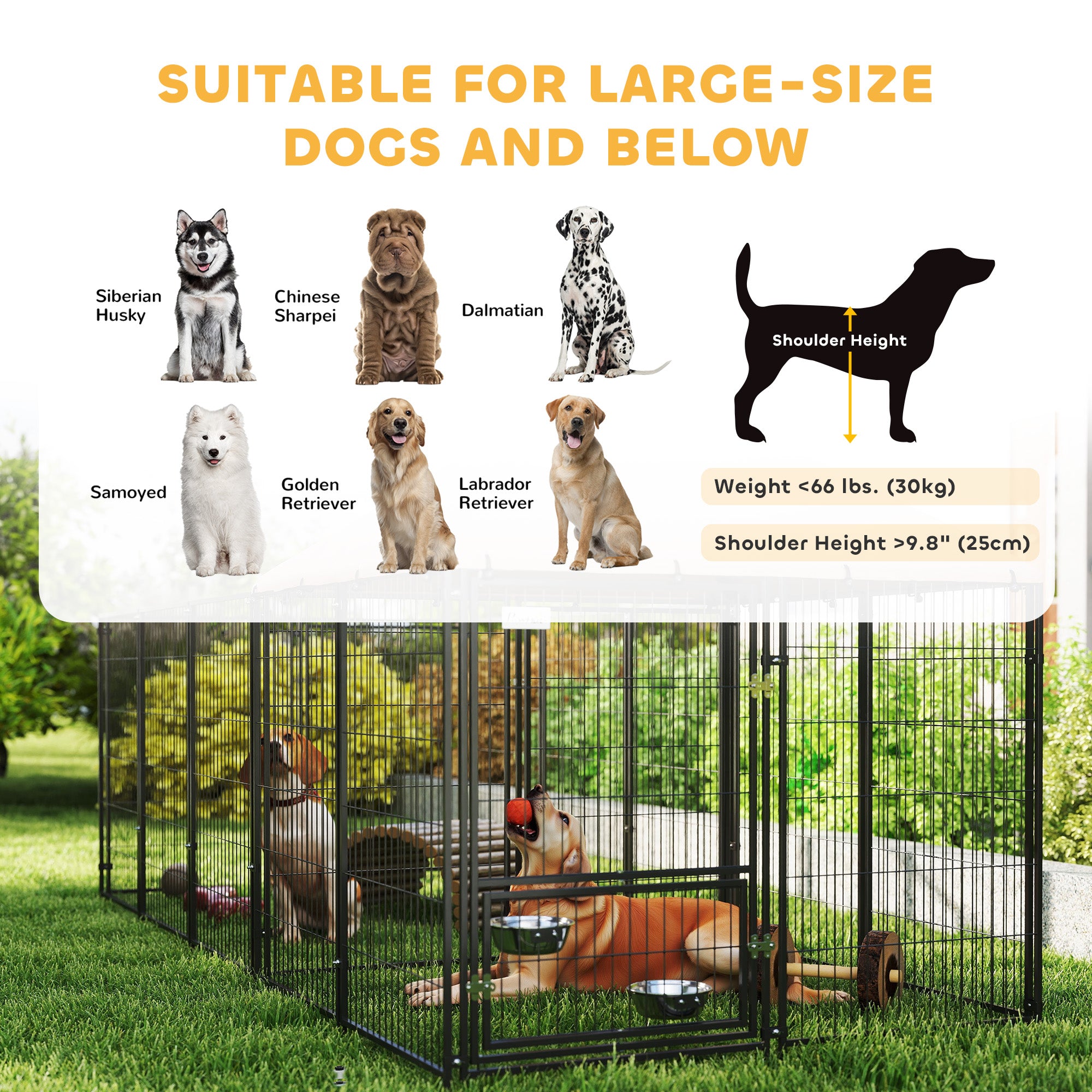 Outdoor Dog Kennel, Dog Run Outdoor with Rotating and Adjustable Height Bowls, Waterproof UV-Resistant Cover, Secure Lock, 11.3' x 4.7' x 5.1'