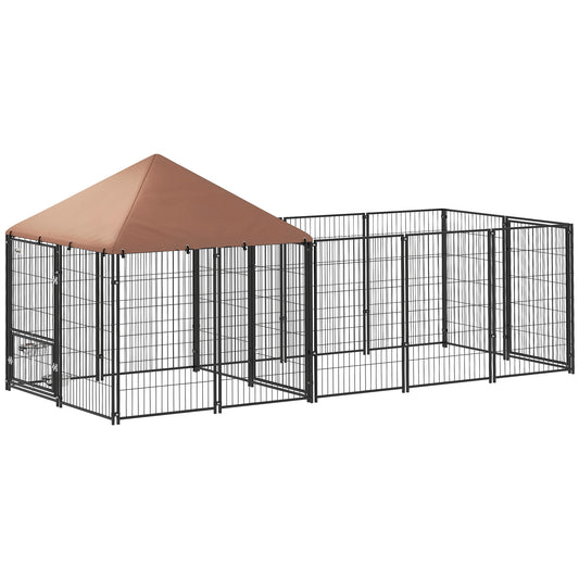 Outdoor Dog Kennel, Dog Run Outdoor with Rotating and Adjustable Height Bowls, Waterproof UV-Resistant Cover, Secure Lock, 11.3' x 4.7' x 5.1'