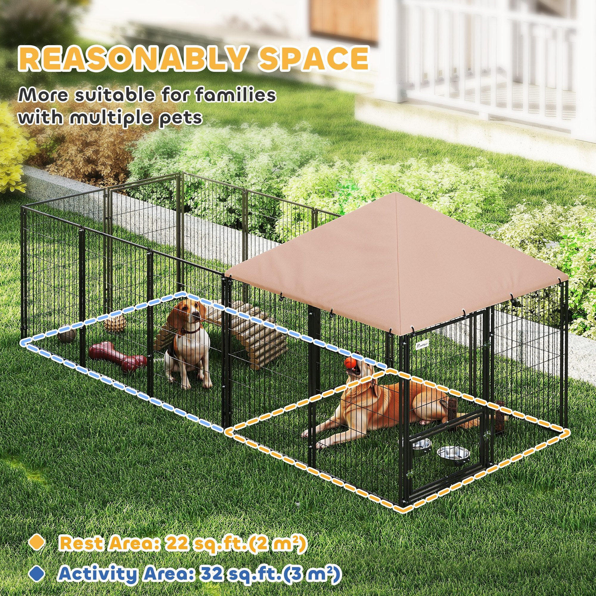 Outdoor Dog Kennel, Dog Run Outdoor with Rotating and Adjustable Height Bowls, Waterproof UV-Resistant Cover, Secure Lock, 11.3' x 4.7' x 5.1'