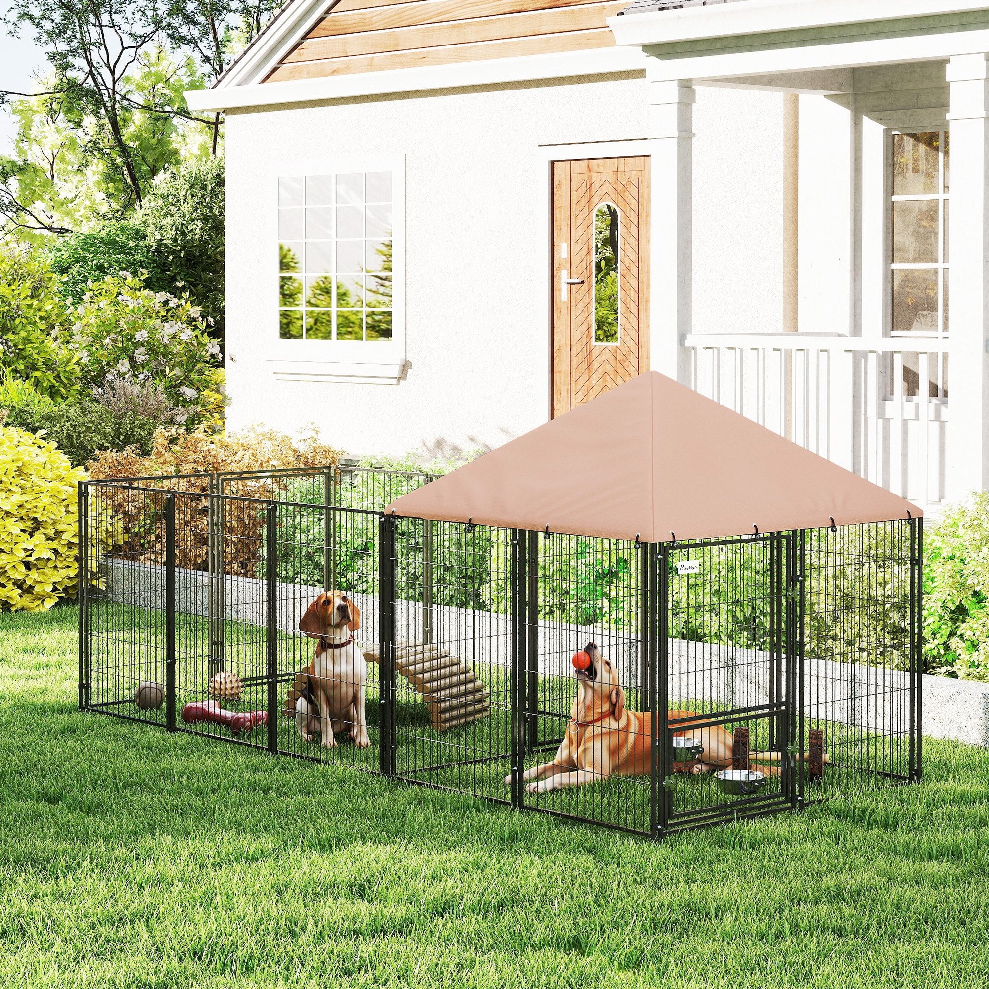 Outdoor Dog Kennel, Dog Run Outdoor with Rotating and Adjustable Height Bowls, Waterproof UV-Resistant Cover, Secure Lock, 11.3' x 4.7' x 5.1'