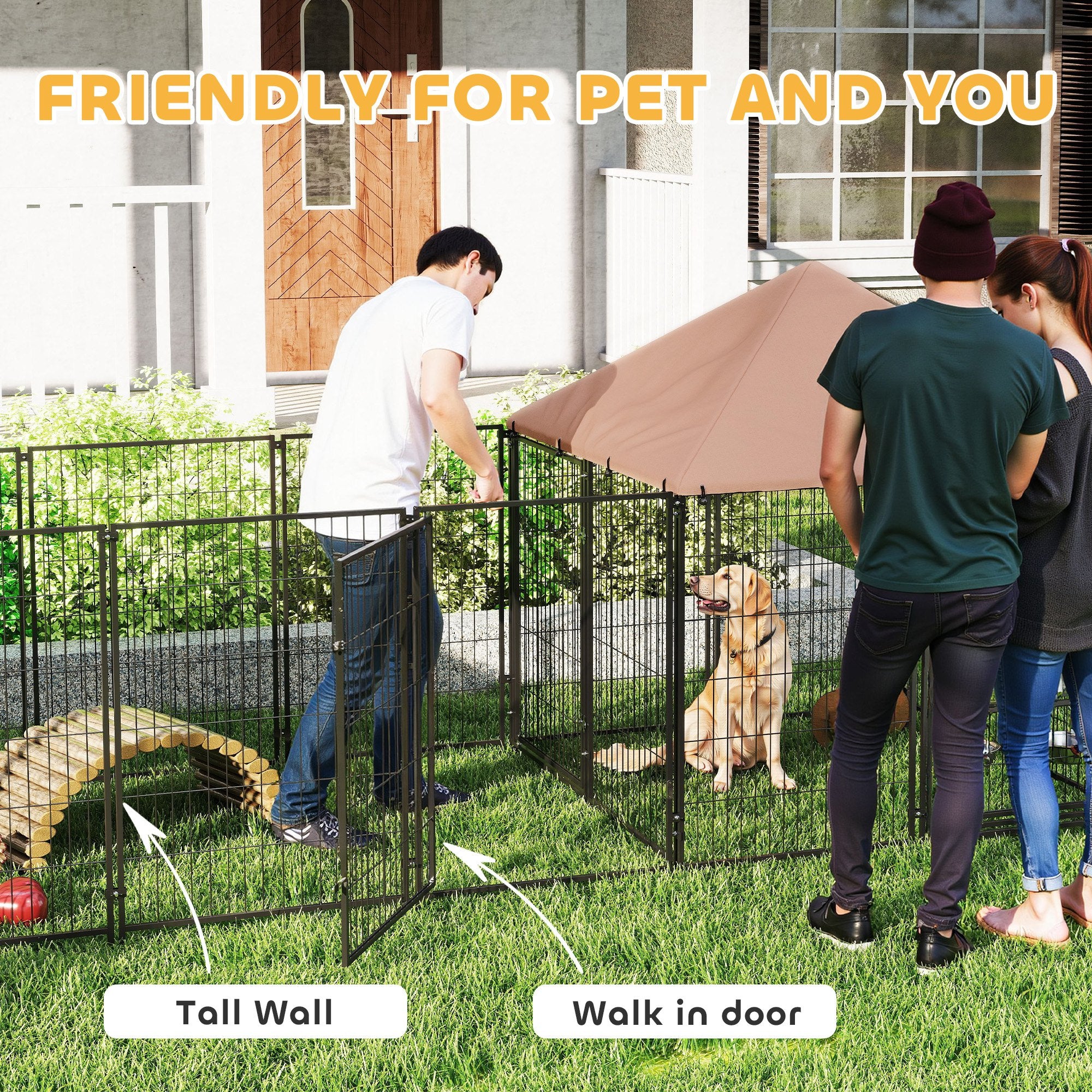 Outdoor Dog Kennel, Dog Run Outdoor with Rotating and Adjustable Height Bowls, Waterproof UV-Resistant Cover, Secure Lock, 11.3' x 4.7' x 5.1'