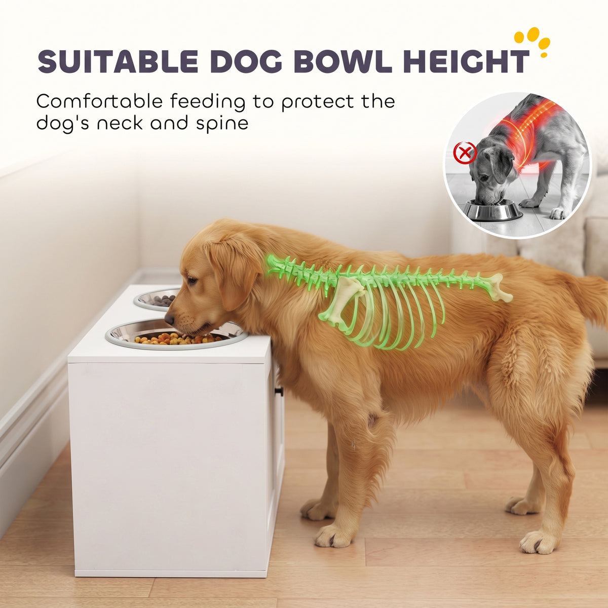Elevated Dog Bowls with Storage Cabinet, Raised Dog Bowl Stand, Pet Feeding Station with Slow Feeder & Non-Slip, for Large Pets, White