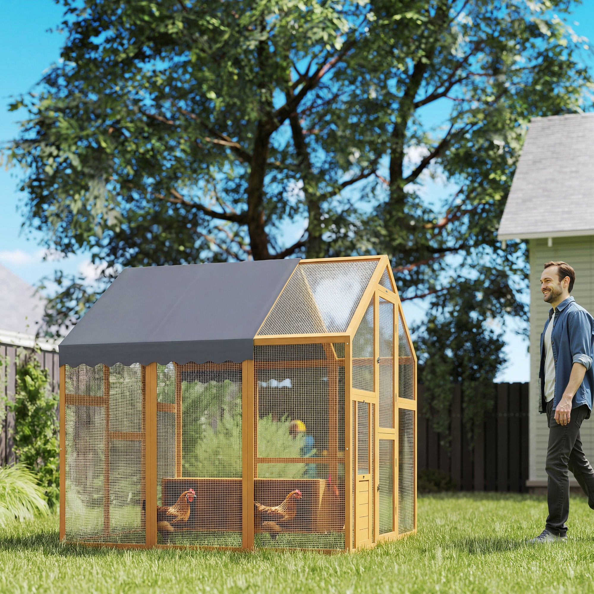 Large Wooden Chicken Coop for 6-8 Hens, Walk-in Chicken Run with Waterproof Cover, Nesting Boxes and Perches, Outdoor Poultry Cage Rabbit Hutch for Backyard, 66" x 72" x 72", Yellow