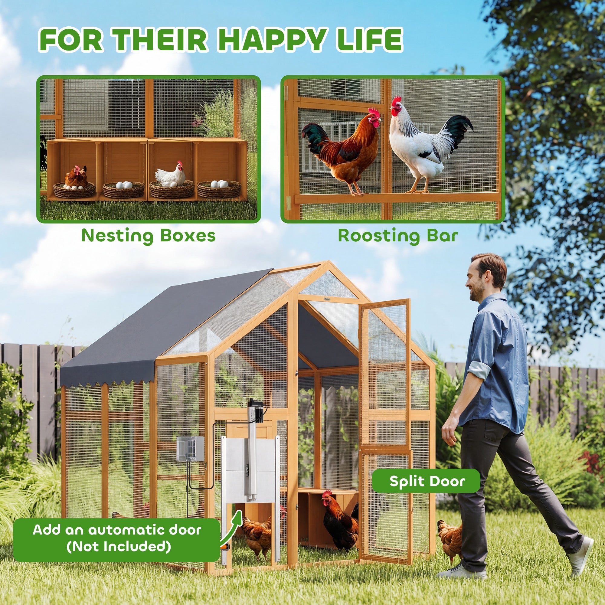 Large Wooden Chicken Coop for 6-8 Hens, Walk-in Chicken Run with Waterproof Cover, Nesting Boxes and Perches, Outdoor Poultry Cage Rabbit Hutch for Backyard, 66" x 72" x 72", Yellow