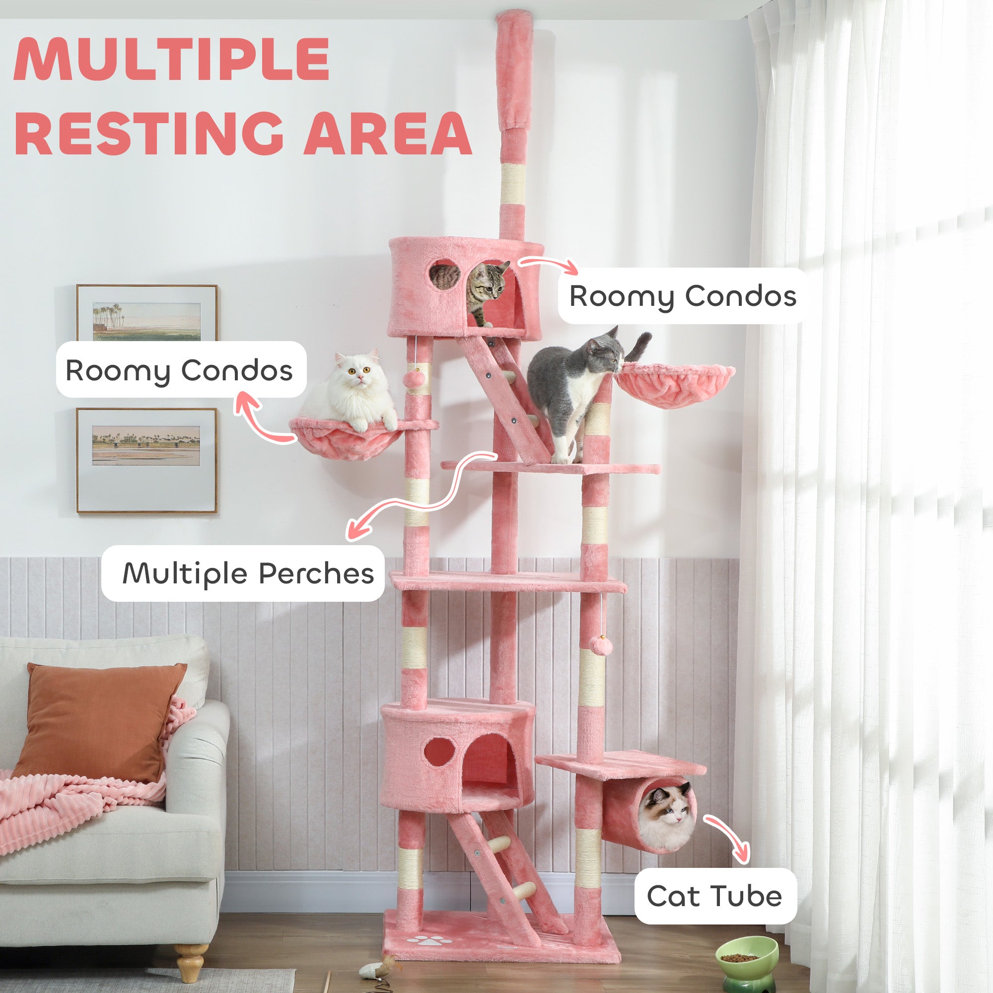 Cat Tower for Large Cats Adult, Floor to Ceiling Cat Tree Adjustable Height 94"-102" Multi-Level with Scratching Posts, Cozy Hammock, Pompoms, Pink