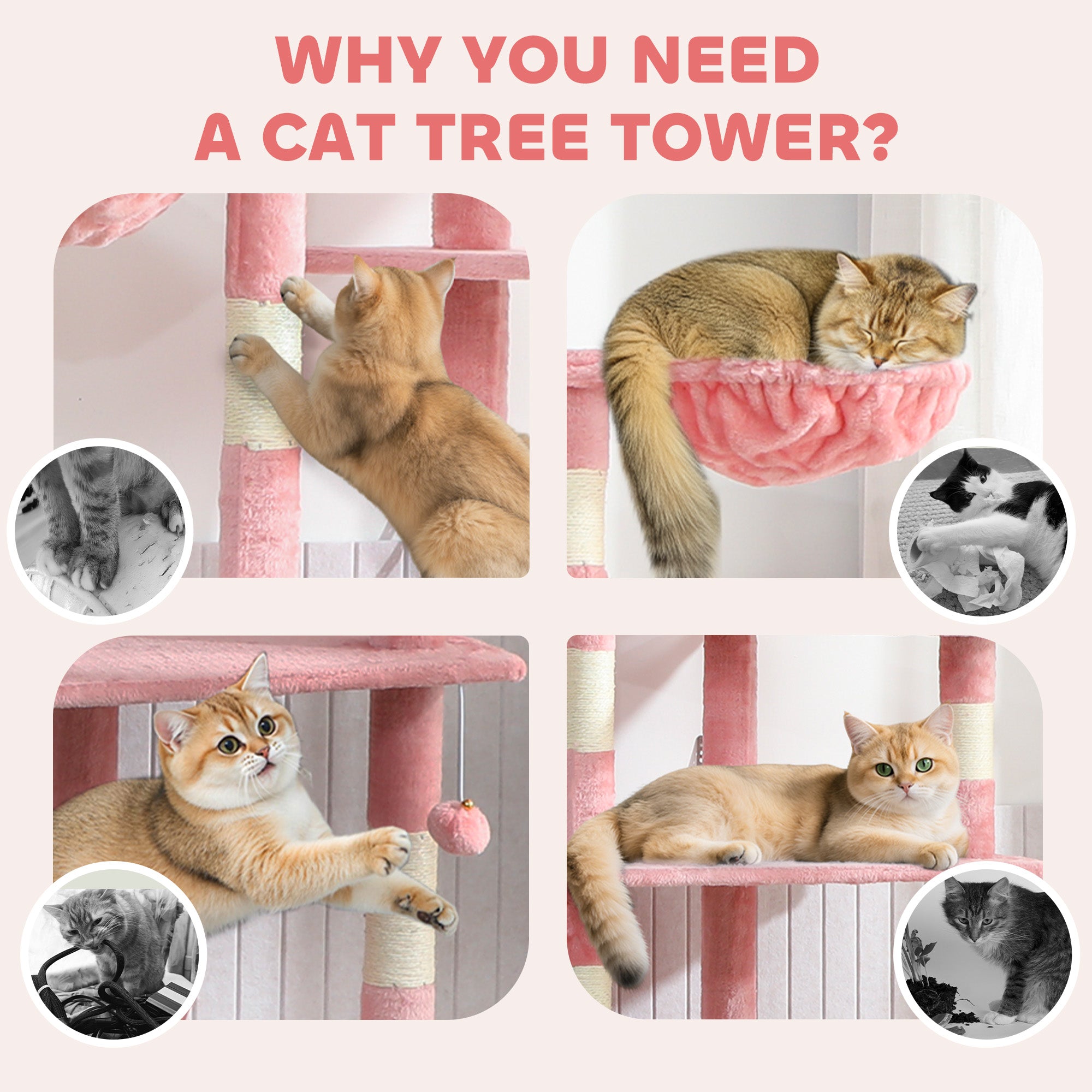 Cat Tower for Large Cats Adult, Floor to Ceiling Cat Tree Adjustable Height 94"-102" Multi-Level with Scratching Posts, Cozy Hammock, Pompoms, Pink