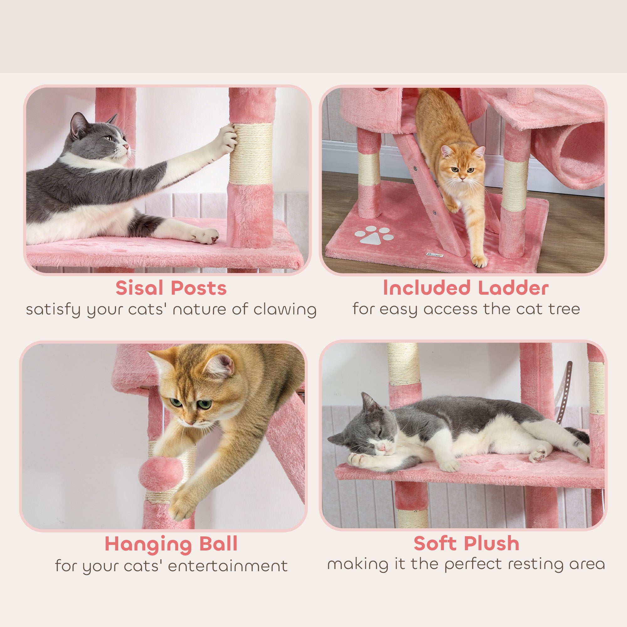 Cat Tower for Large Cats Adult, Floor to Ceiling Cat Tree Adjustable Height 94"-102" Multi-Level with Scratching Posts, Cozy Hammock, Pompoms, Pink