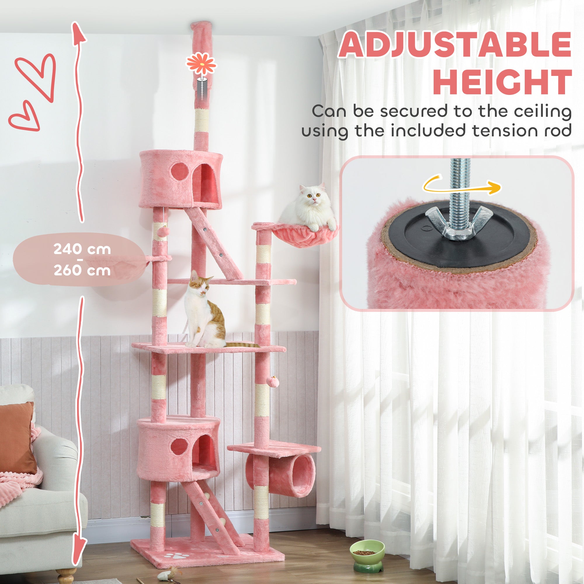 Cat Tower for Large Cats Adult, Floor to Ceiling Cat Tree Adjustable Height 94"-102" Multi-Level with Scratching Posts, Cozy Hammock, Pompoms, Pink