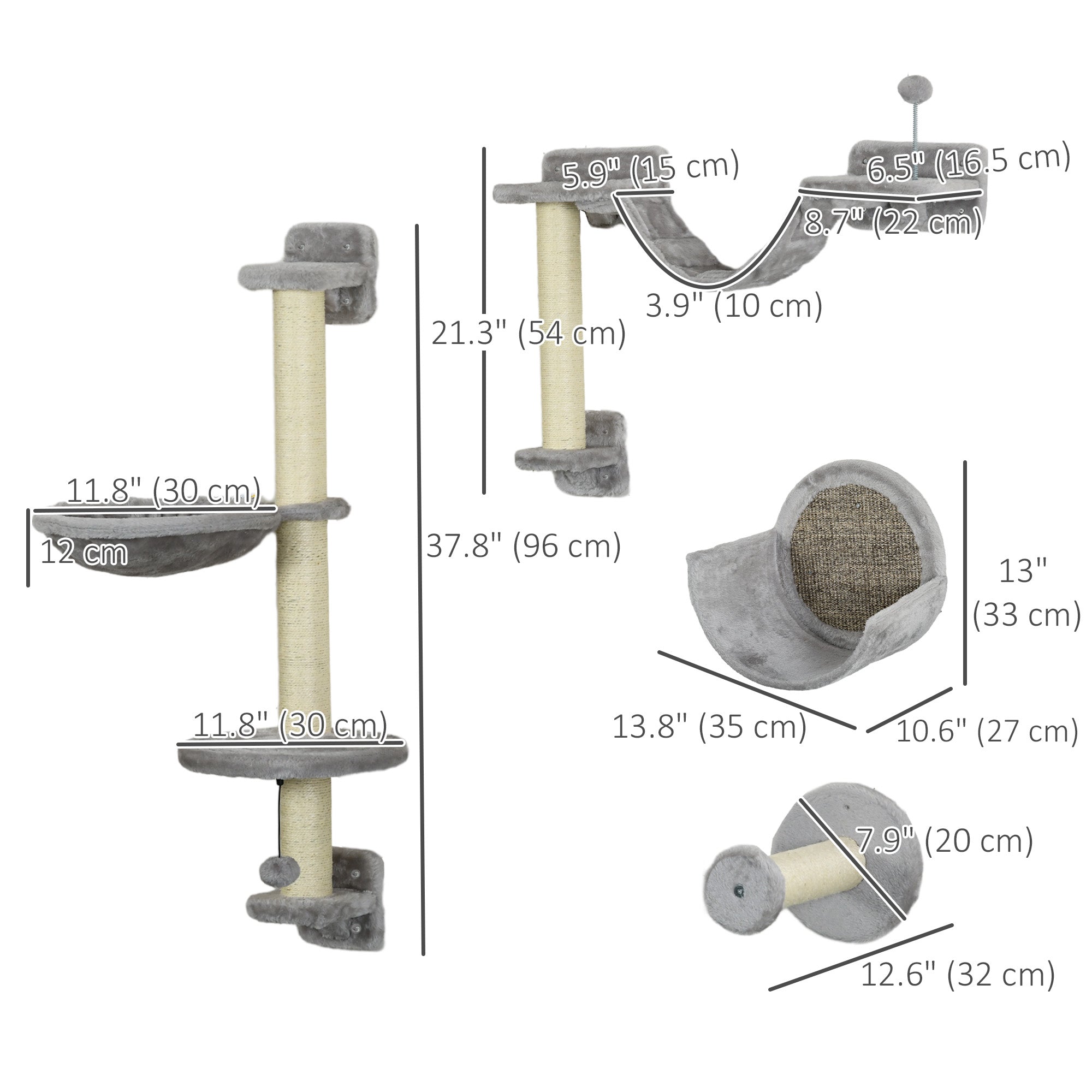 Cat Wall Shelves, 5PCs Cat Shelves with Scratching Post, Perches, Bridge, Steps, Condo, Hammock, Wall Mounted Cat Climber, Light Grey