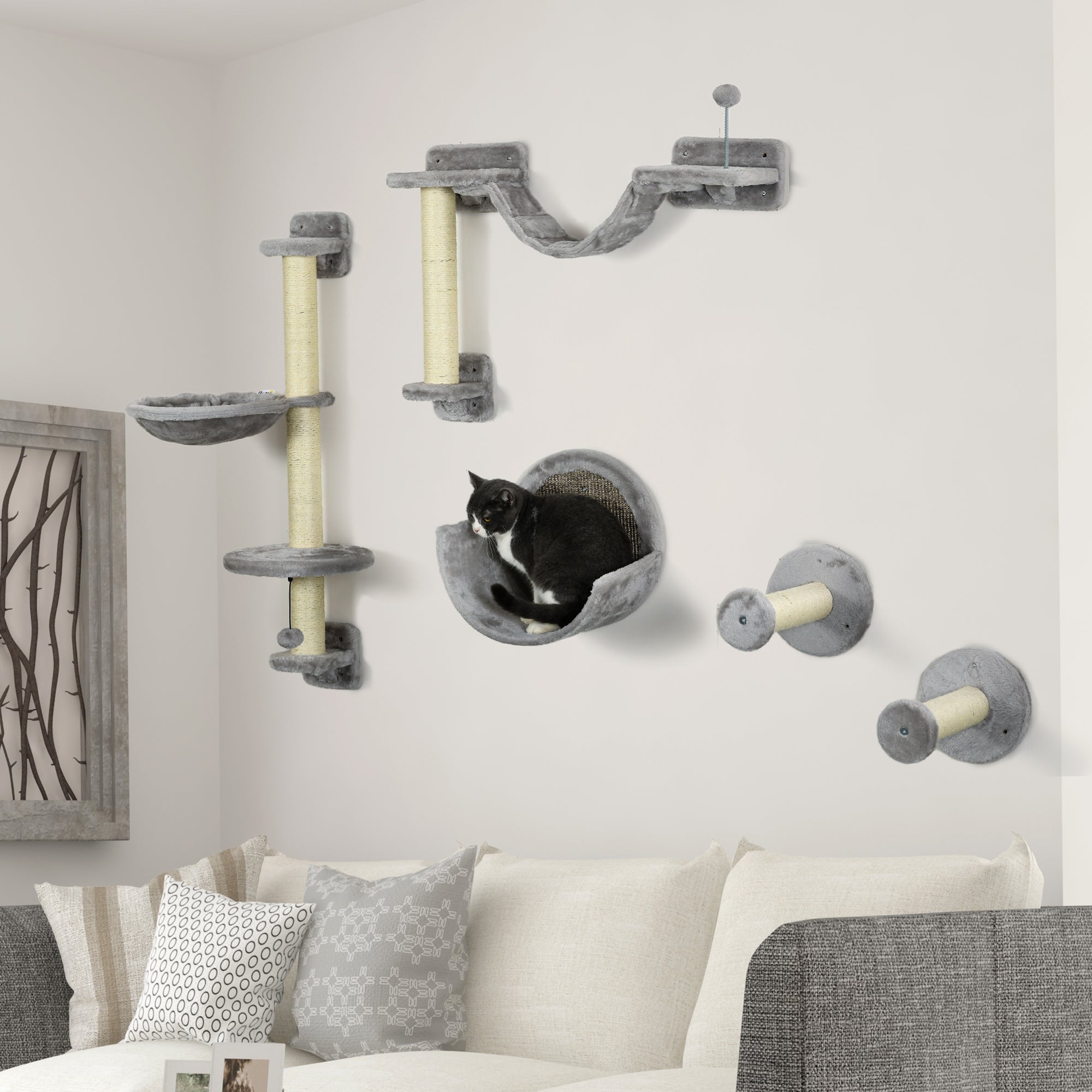 Cat Wall Shelves, 5PCs Cat Shelves with Scratching Post, Perches, Bridge, Steps, Condo, Hammock, Wall Mounted Cat Climber, Light Grey