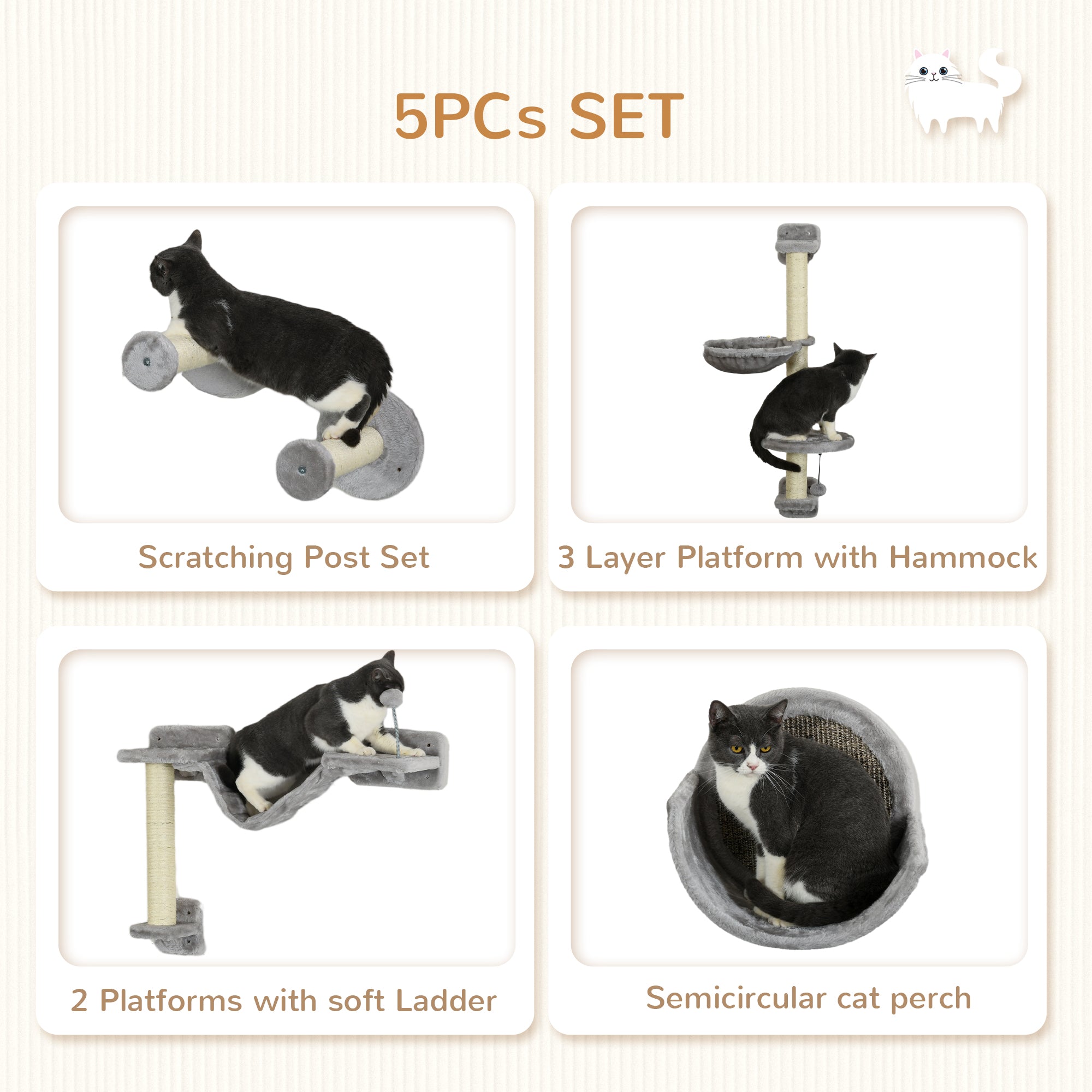 Cat Wall Shelves, 5PCs Cat Shelves with Scratching Post, Perches, Bridge, Steps, Condo, Hammock, Wall Mounted Cat Climber, Light Grey