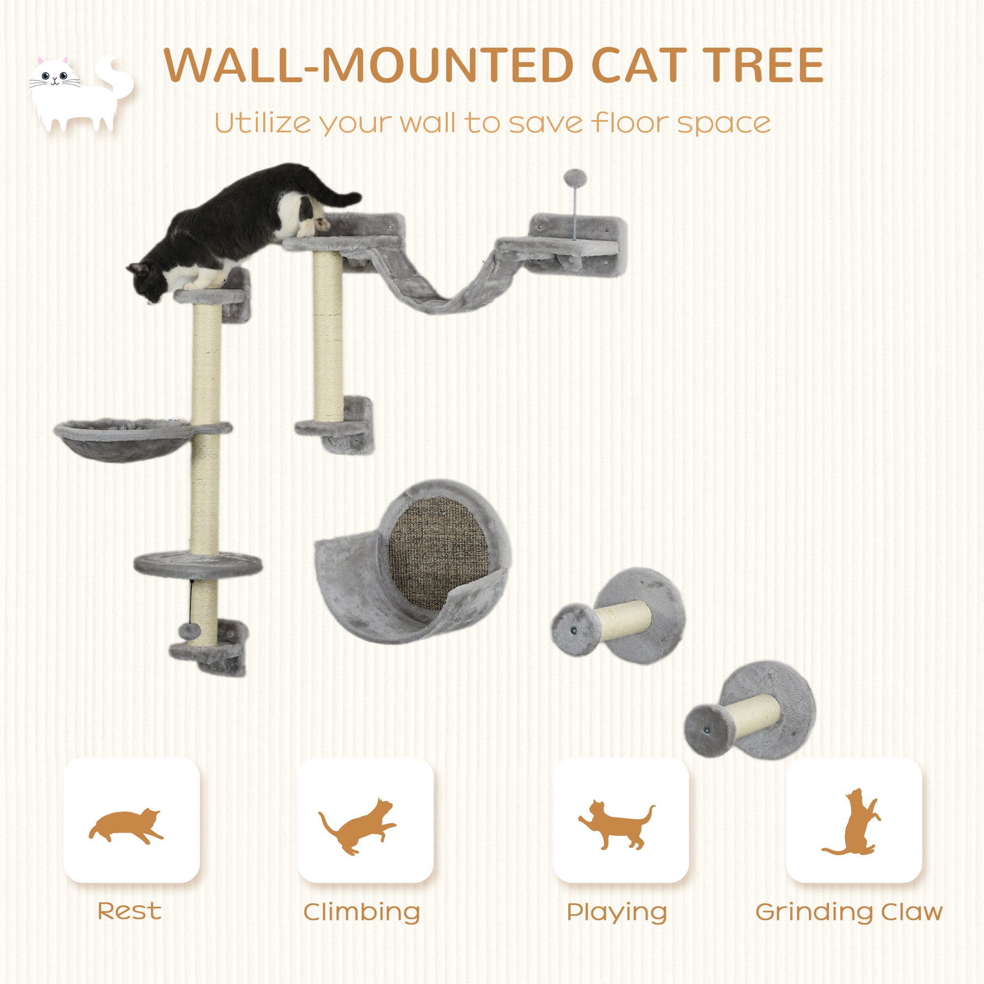 Cat Wall Shelves, 5PCs Cat Shelves with Scratching Post, Perches, Bridge, Steps, Condo, Hammock, Wall Mounted Cat Climber, Light Grey