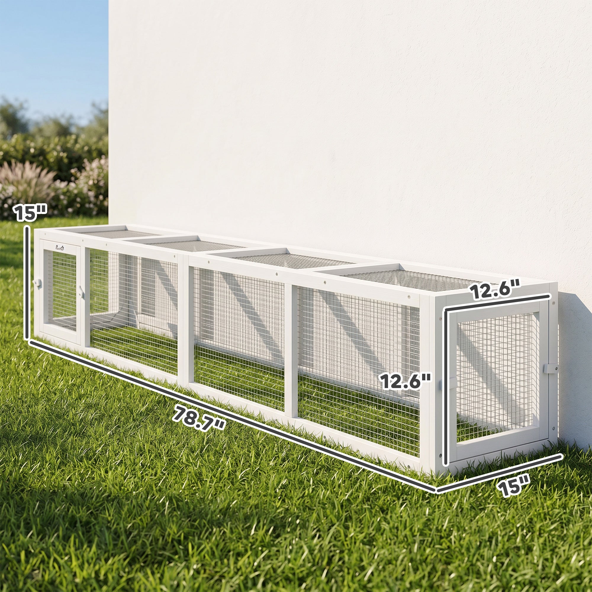 Outdoor Cat Tunnel with Extendable Design, 79" L Wooden Cat Run with Weather Protection, Connecting Inside and Outside, for Deck Patios, Balconies, White
