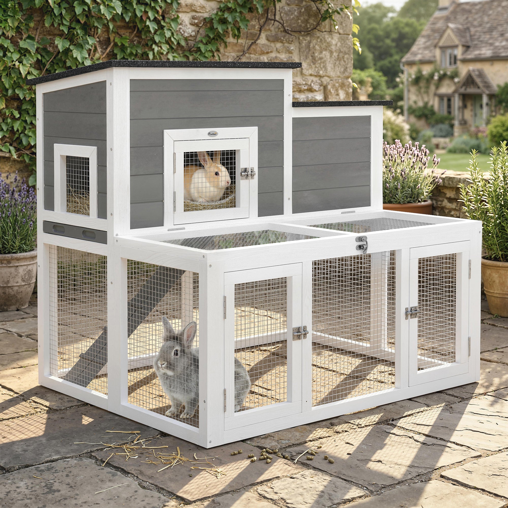 Real Rabbit Hutch PawHut Wooden Rabbit Hutch 97x75.5x90cm Grey with Waterproof Roof Slide ...