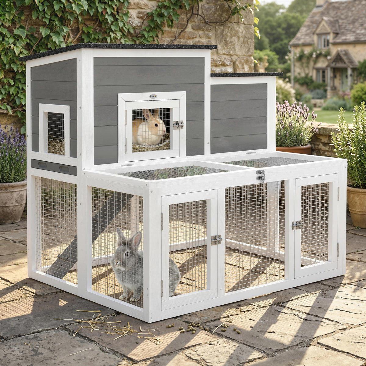 Wooden Rabbit Hutch, 2-Story Bunny Cage w/ Run, Waterproof & Openable Roof, Pull Out Tray and Ramp, Bunny Hutch for 1-2 Rabbits, Outdoor Use