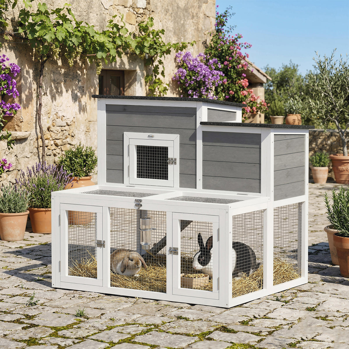 Wooden Rabbit Hutch, 2-Story Bunny Cage w/ Run, Waterproof & Openable Roof, Pull Out Tray and Ramp, Bunny Hutch for 1-2 Rabbits, Outdoor Use