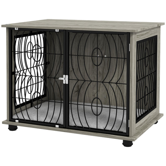 Dog Crate Furniture, Dog Cage End Table with Large Top, Soft Washable Cushion, Lockable Front Door, Wire Mesh Ventilation, Indoor Pet Crate for Medium Sized, 80 x 56 x 63cm - Grey