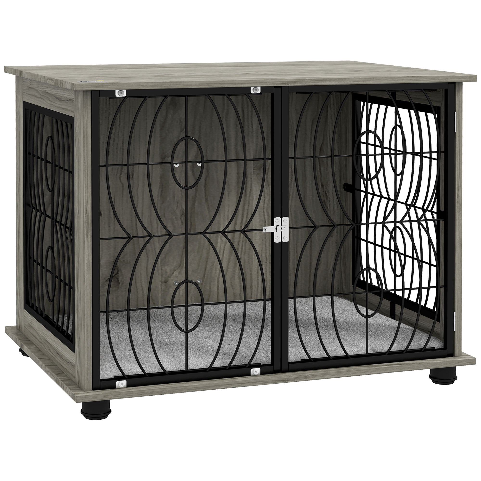 Dog Crate Furniture, Dog Cage End Table with Large Top, Soft Washable Cushion, Lockable Front Door, Wire Mesh Ventilation, Indoor Pet Crate for Medium Sized, 80 x 56 x 63cm - Grey