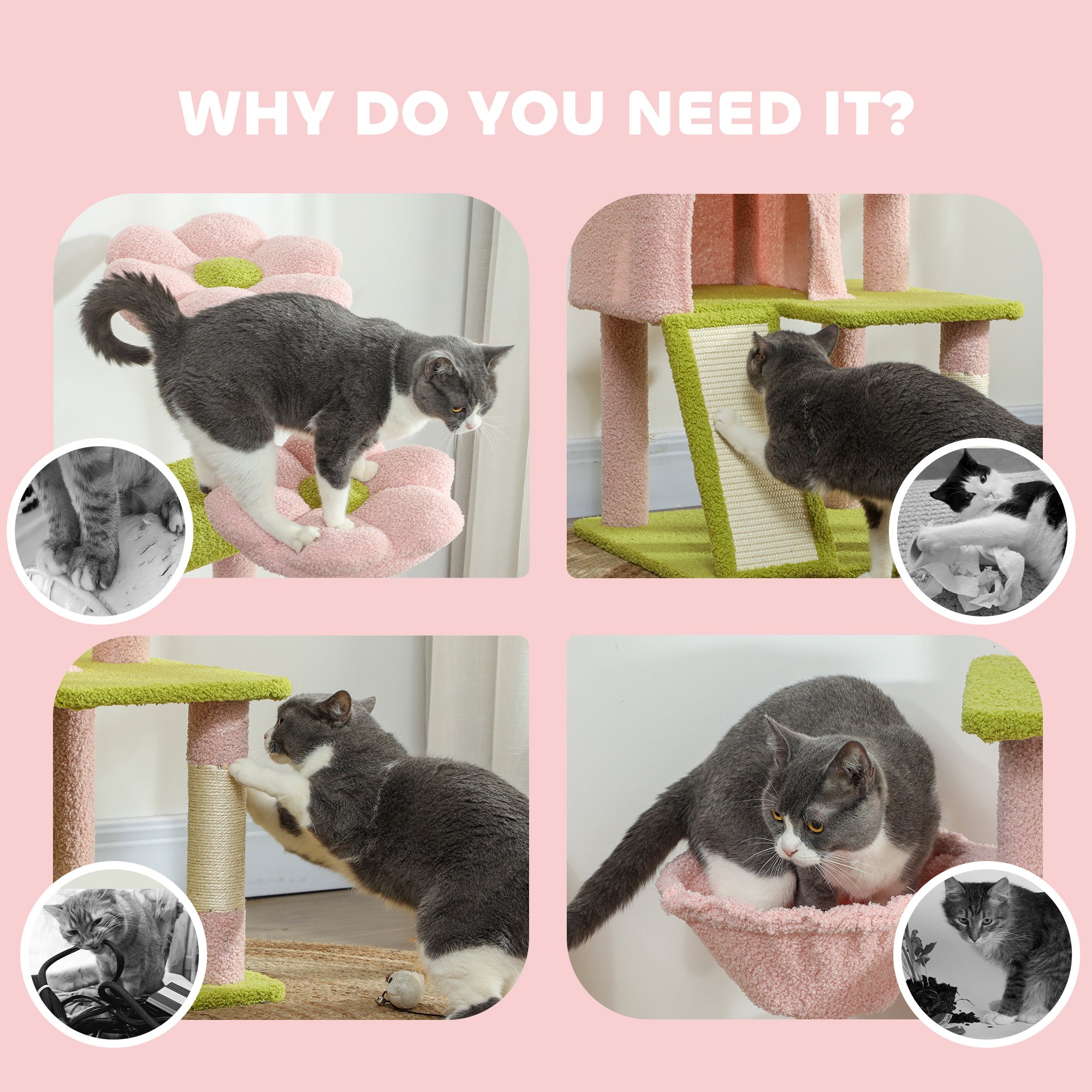 62" Flower Cat Tree, Multi-Level Large Cat Tower with 2 Condos, 2 Beds, Hammock, Sisal Scratching Posts & Pad, Plush Perch, Platforms, for Indoor Kittens, Pink