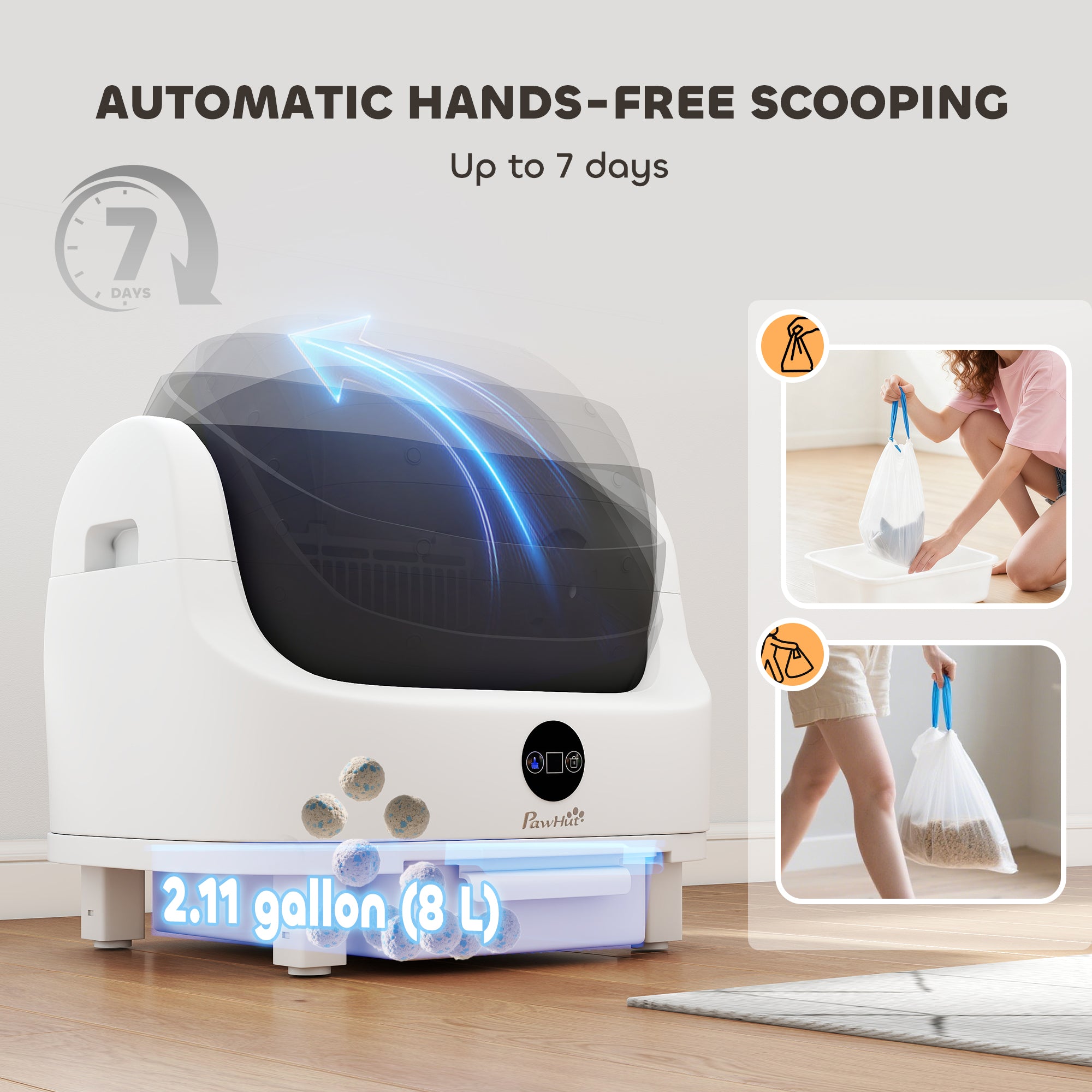 Self Cleaning Litter Box, Open-Top Automatic Cat Litter Box with Integrated Safety Protection, Odor-Free Waste Disposal, Trash Bag, Large Waste Bin, for Multiple Cats