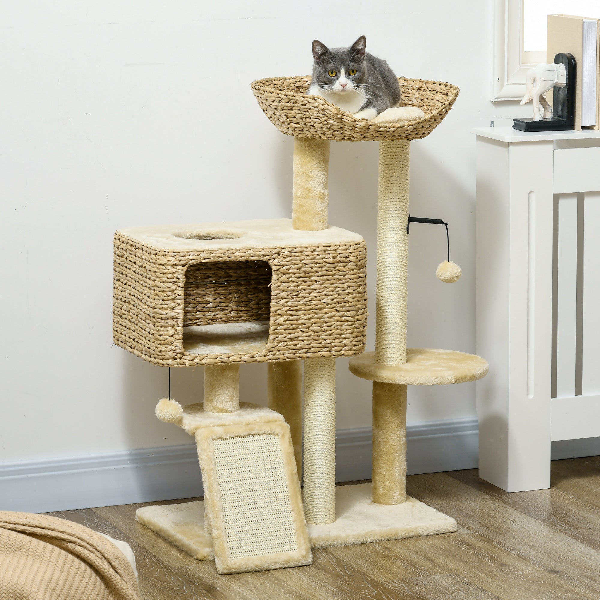 95cm Cat Tree for Indoor Cats, Cat Tower with Scratching Posts, Ramp, Condo, Toy Balls, Platform, Bed, Ramp - Beige