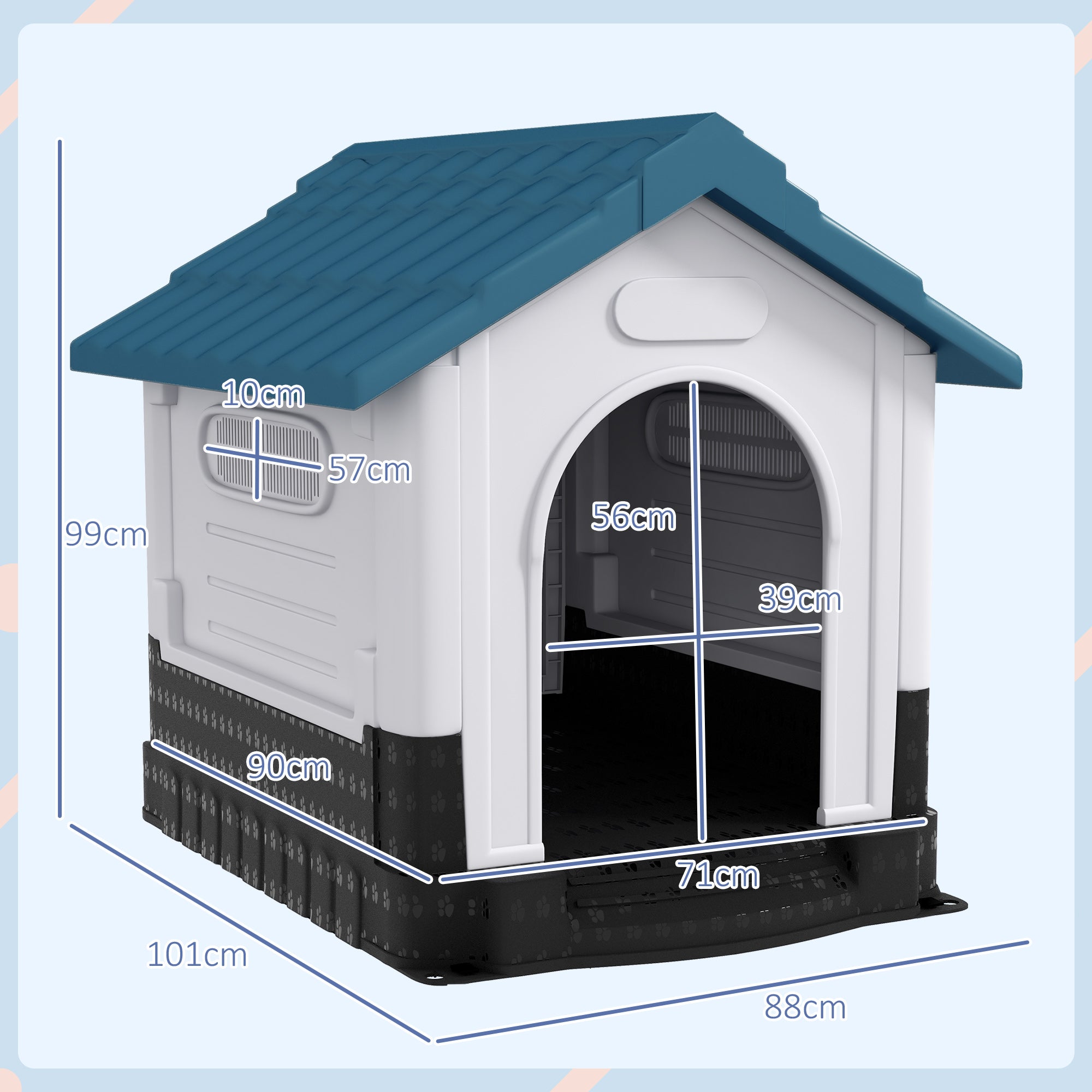 Dog Kennel for Outside, Plastic Dog House, Water-Resistant Pet Shelter with Windows, for Garden Patio, Medium and Large Dogs, 101 x 88 x 99cm - Blue