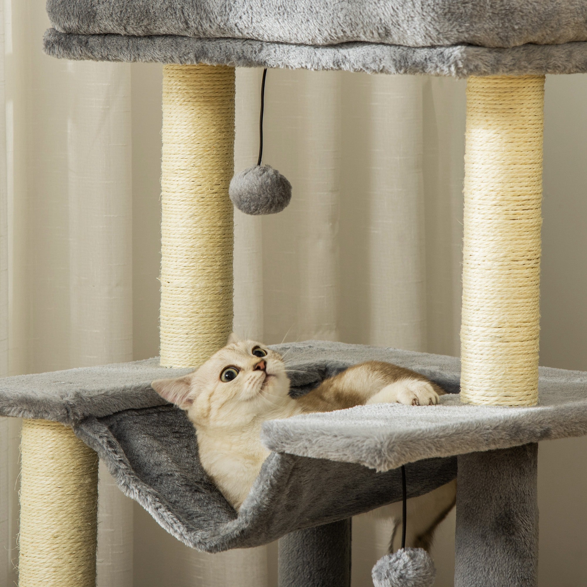Cat Tree, 90cm Cat Tower with Sisal Scratching Posts, Cat Condo, Hammock, Top Perch and 2 Hanging Toys for Indoor Cats, Grey