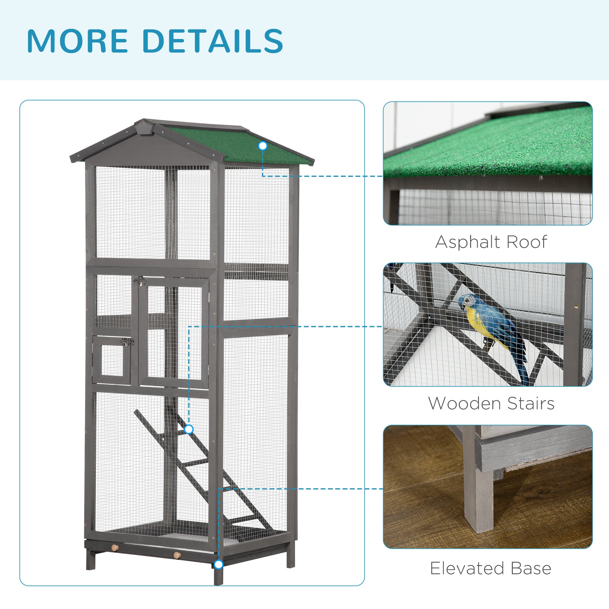 65" Wooden Bird Cage Outdoor Aviary House for Parrot, Parakeet, with Pull Out Tray and 2 Doors, Grey
