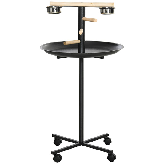 Bird Play Stand, Portable Parrot Perch, Bird Feeder Station, with Four Wheels, Stainless Steel Feeding Bowls, Round Tray, Grey
