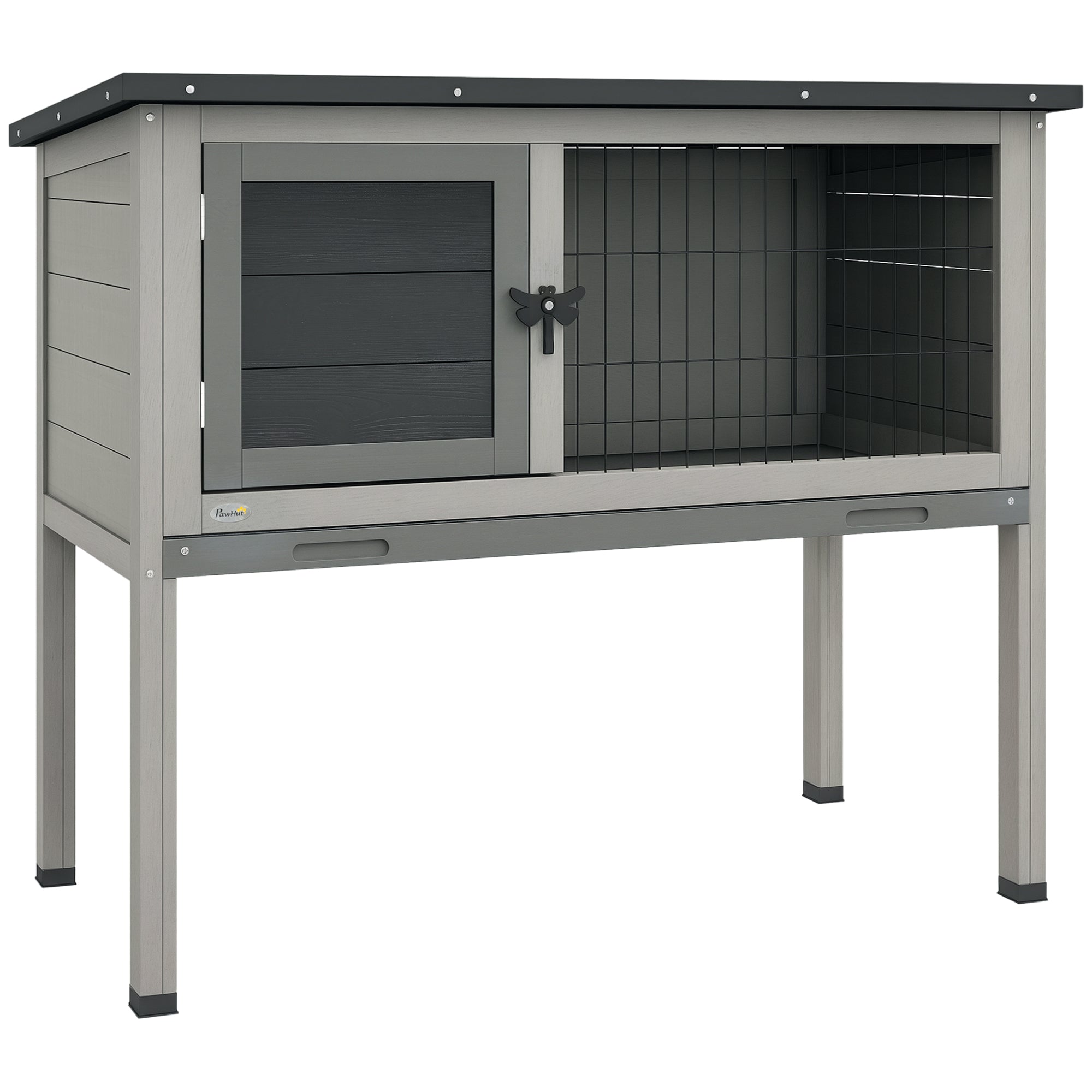 Elevated Wooden Rabbit Hutch, Indoor/Outdoor Bunny Cage with Hinged Asphalt Roof and Removable Tray for Guinea Pig, Gray