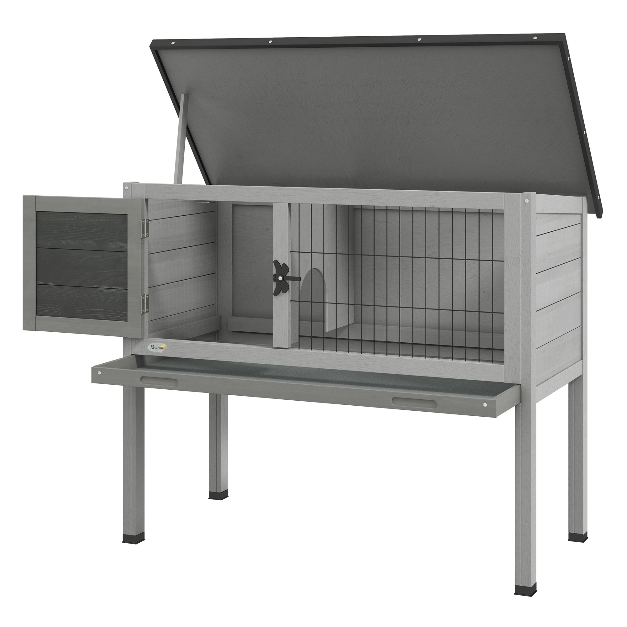 Elevated Wooden Rabbit Hutch, Indoor/Outdoor Bunny Cage with Hinged Asphalt Roof and Removable Tray for Guinea Pig, Gray