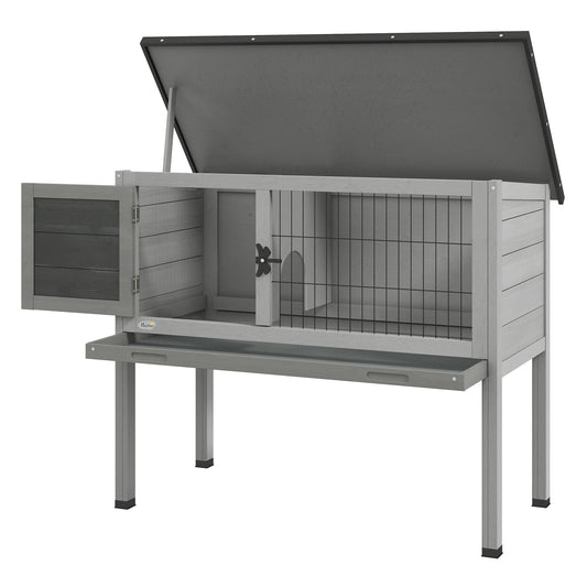 Elevated Wooden Rabbit Hutch, Indoor/Outdoor Bunny Cage with Hinged Asphalt Roof and Removable Tray for Guinea Pig, Gray