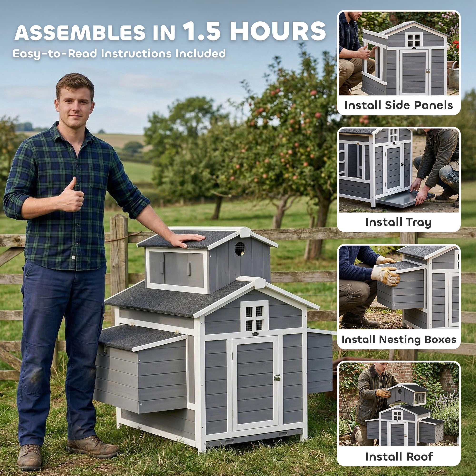Chicken Coop for 2 Chickens, Wooden Hen House with Nesting Box, Pull-Out Tray, Ventilation Windows, Poultry Hutch Rabbit Cage with Waterproof Roof, Roosting Bars and Ramp