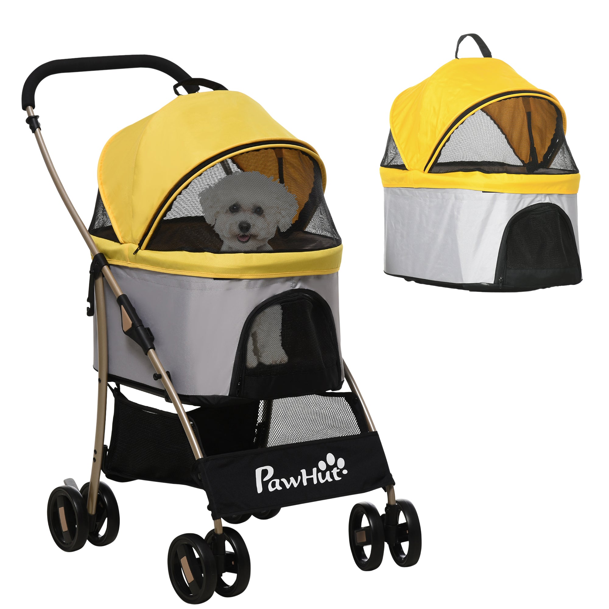 Dog Pram Dog Stroller 3 in 1 Pet Pushchair Detachable Design with Universal Wheels, Brake for Small Miniature Dogs - Yellow