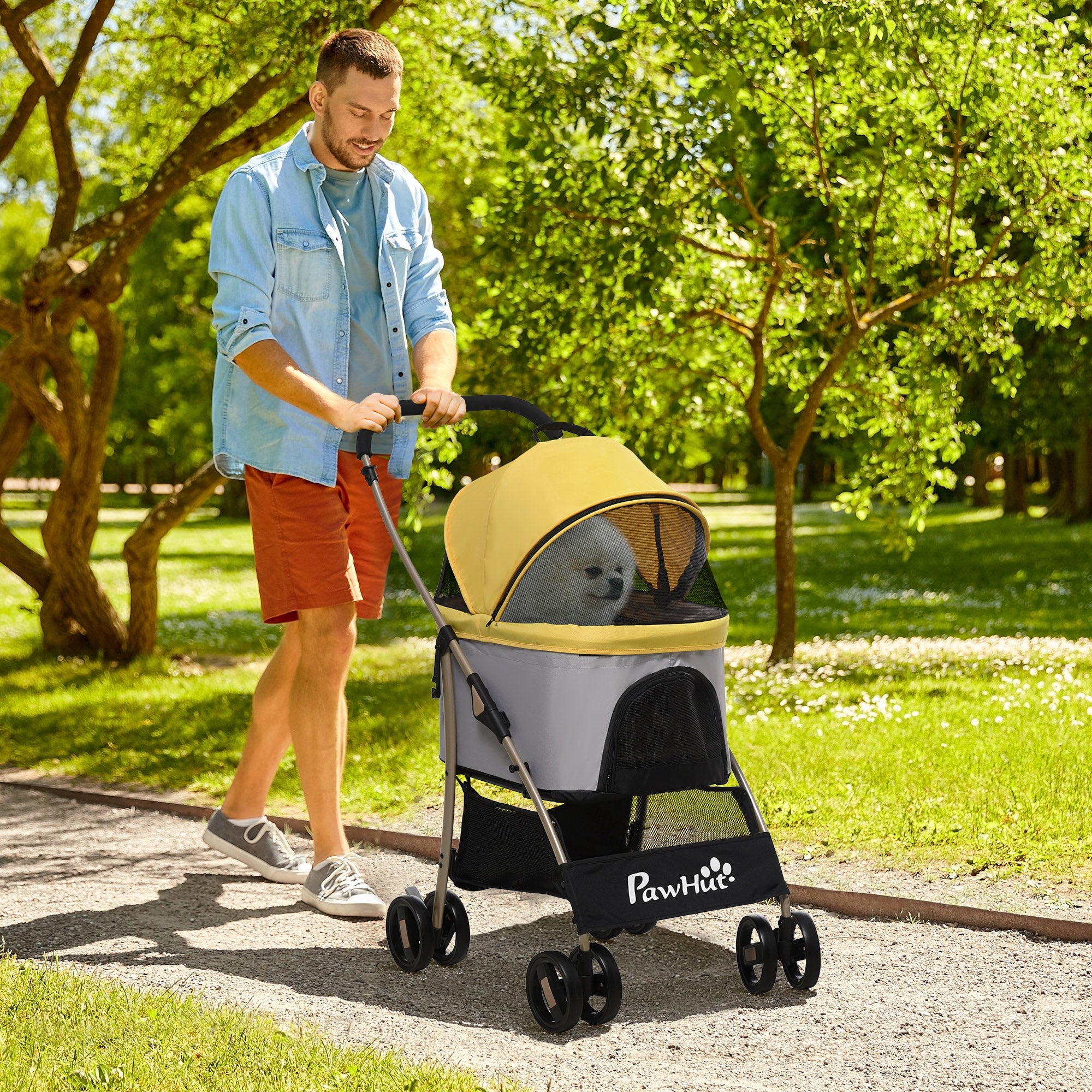 Dog Pram Dog Stroller 3 in 1 Pet Pushchair Detachable Design with Universal Wheels, Brake for Small Miniature Dogs - Yellow