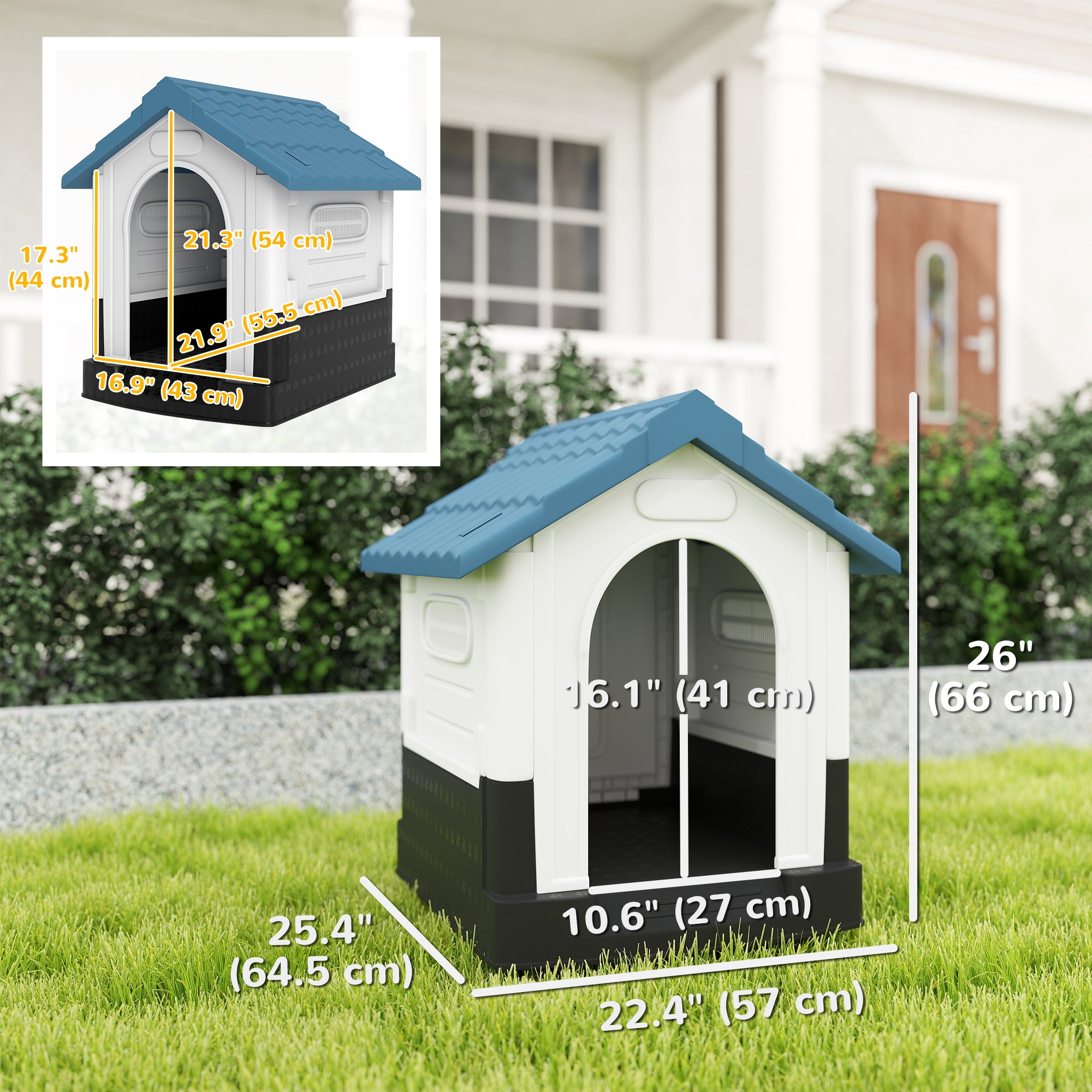 Outdoor Dog House, Plastic Dog Kennel, Water-Resistant Pet Shelter with Windows, Base Support for Garden Patio, Miniature Dogs, 25" x 22" x 26" - Blue