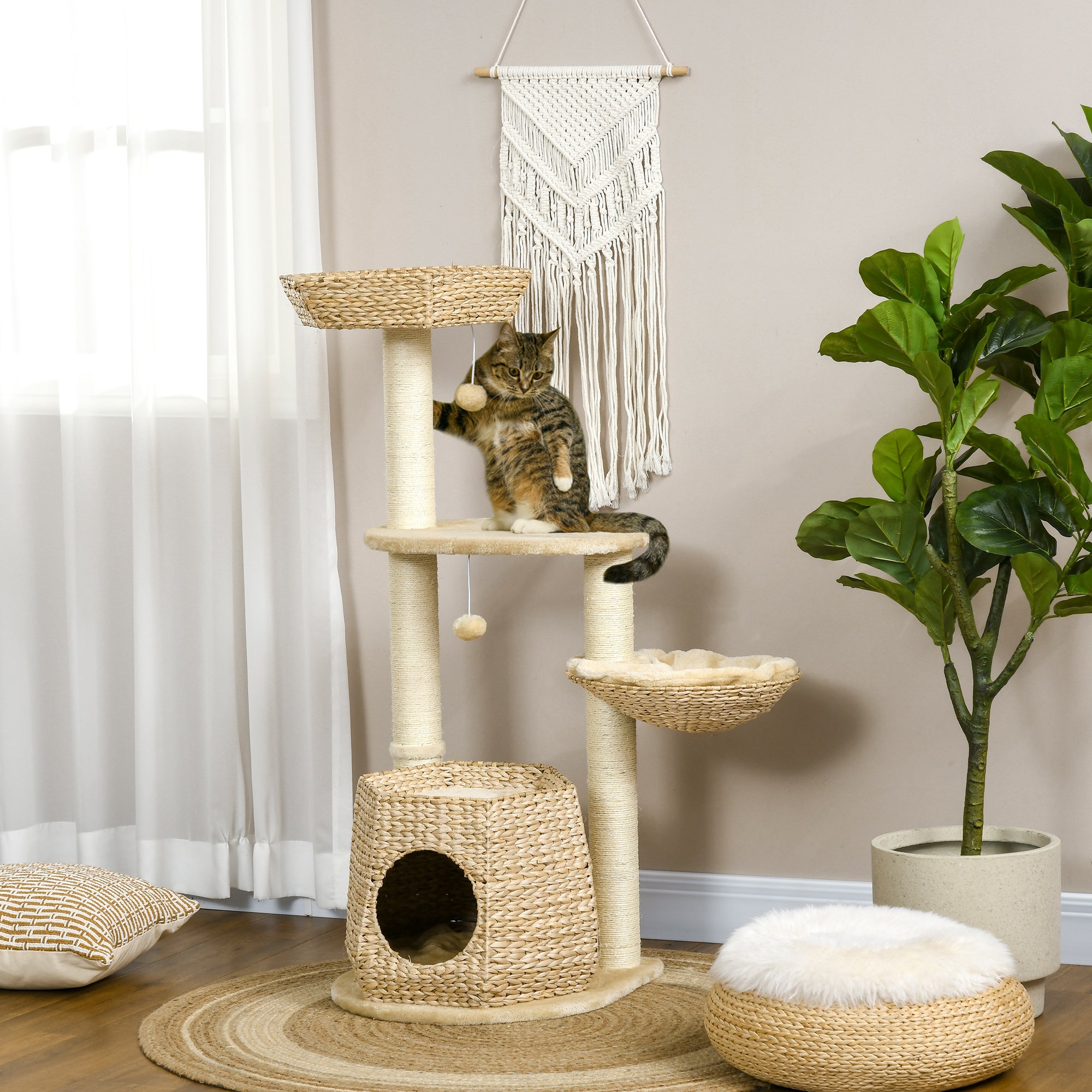 Cat Tree Tower for Indoor Cats, Climbing Activity Centre, Kitten Furniture with Cattail Fluff Bed House, Sisal Scratching Post, Hanging Ball, 50 x 50 x 119cm, Natural Tone