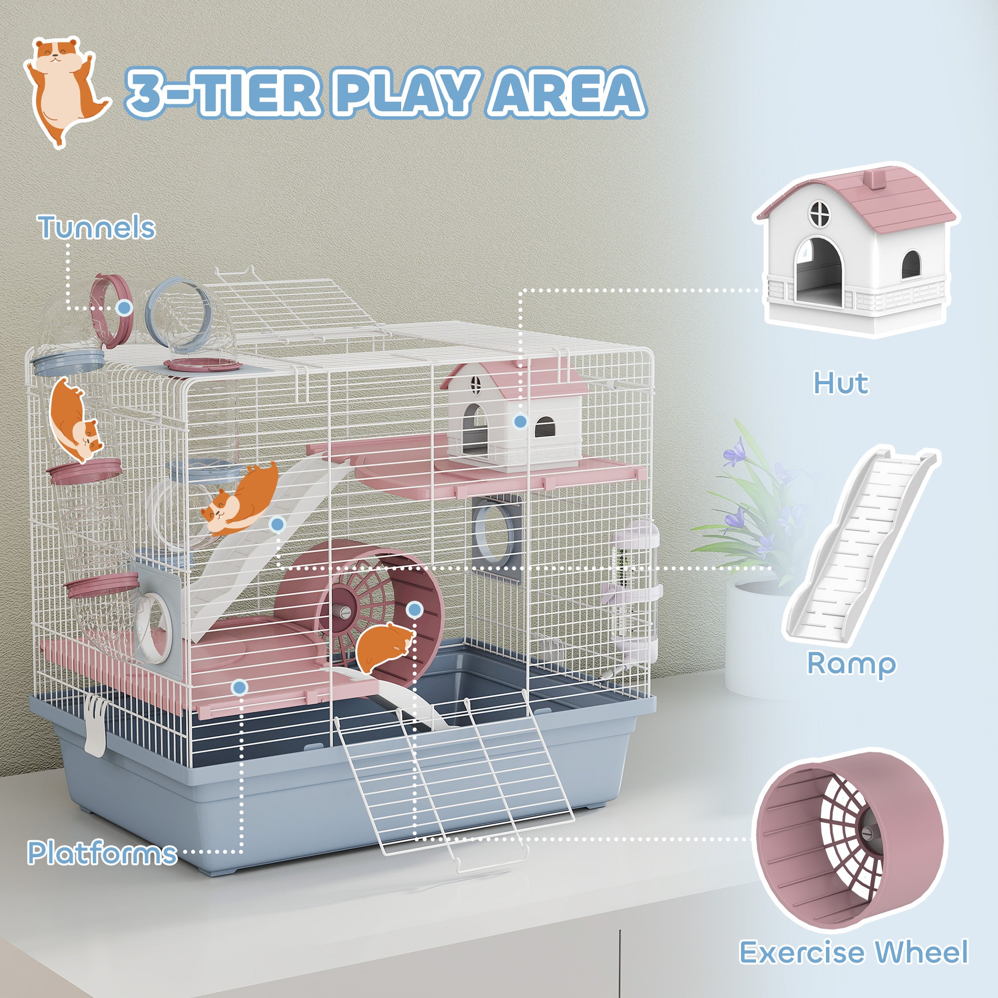 Hamster Cage, 3-Tier Gerbil Cage with Exercise Wheel, Food Bowl, Water Bottle, House, Tunnels, Ramps, Small Animal Habitat for Dwarf Hamster, Blue