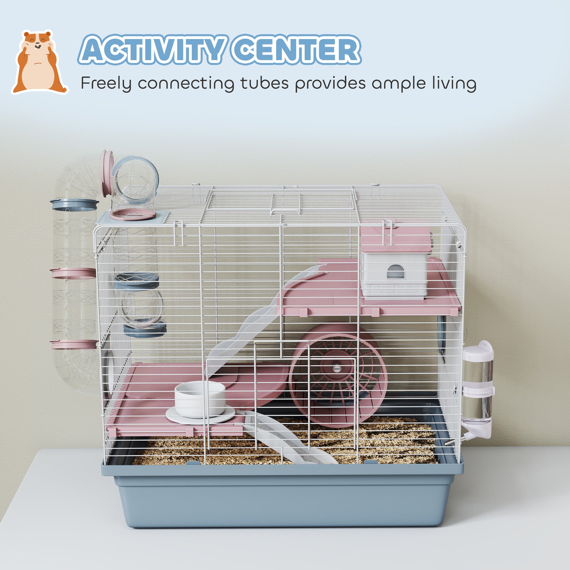 Hamster Cage, 3-Tier Gerbil Cage with Exercise Wheel, Food Bowl, Water Bottle, House, Tunnels, Ramps, Small Animal Habitat for Dwarf Hamster, Blue