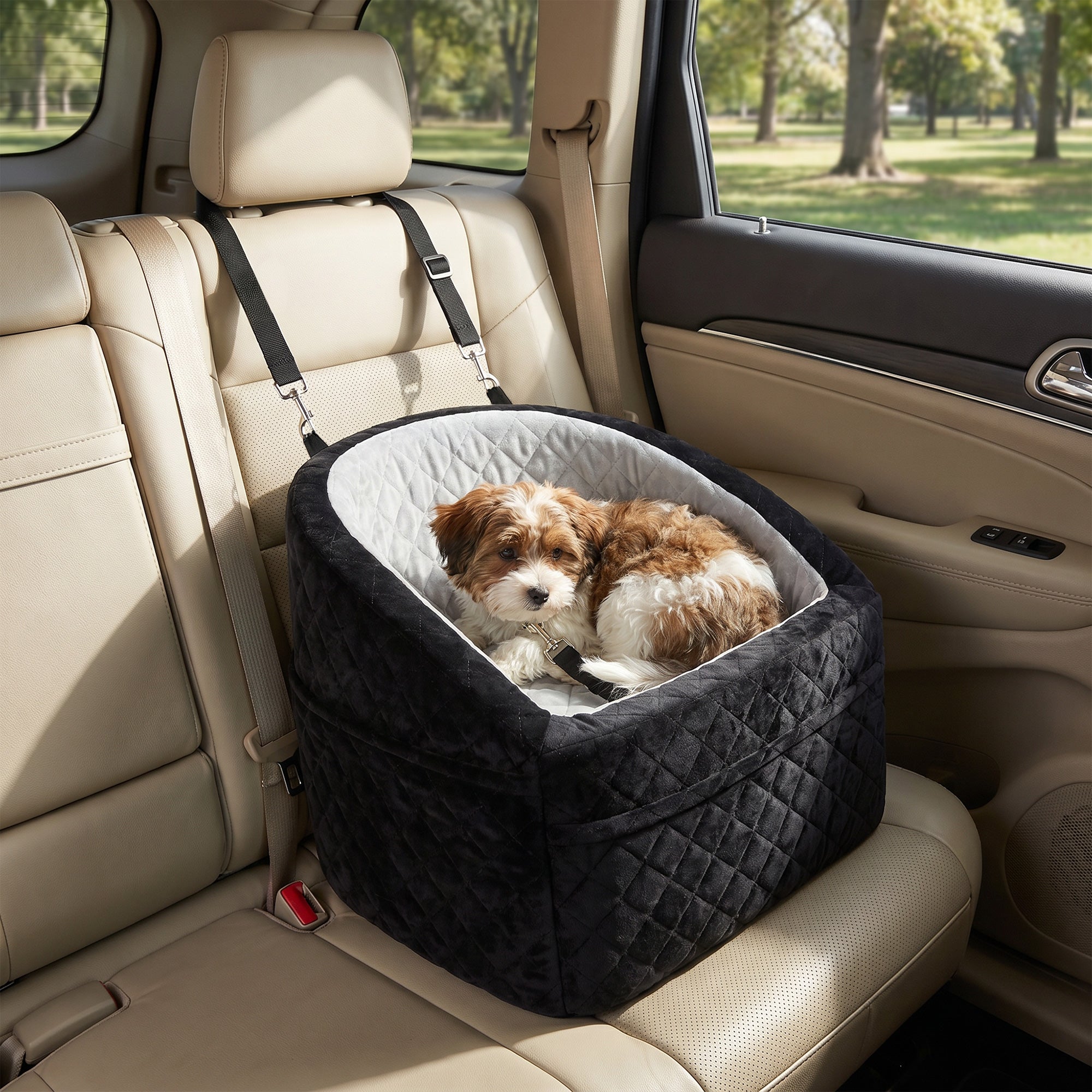 Dog Car Seat, Dog Booster Car Seat for Small Breeds Under 10kg, Portable Pet Travel Bed Detachable Washable with Adjustable Leash, Storage Pockets, Grey