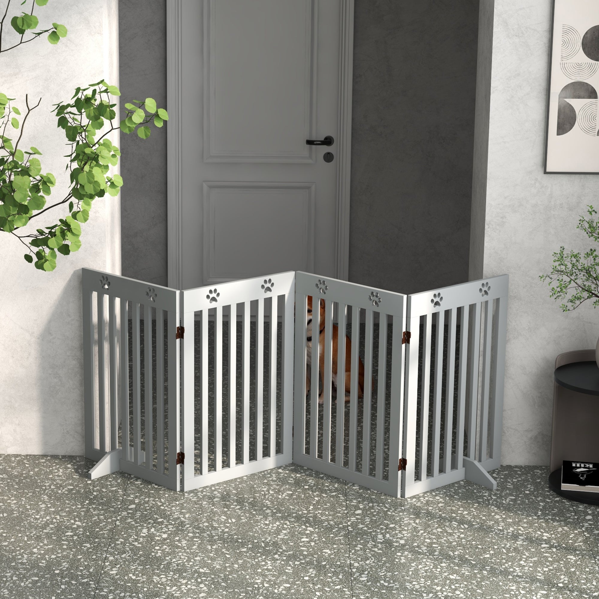 Freestanding Pet Gate 4 Panel Dog Barrier Folding Safety Fence with Support Feet up to 80.25" Long 29.5" Tall for Doorway Stairs Black Light Grey