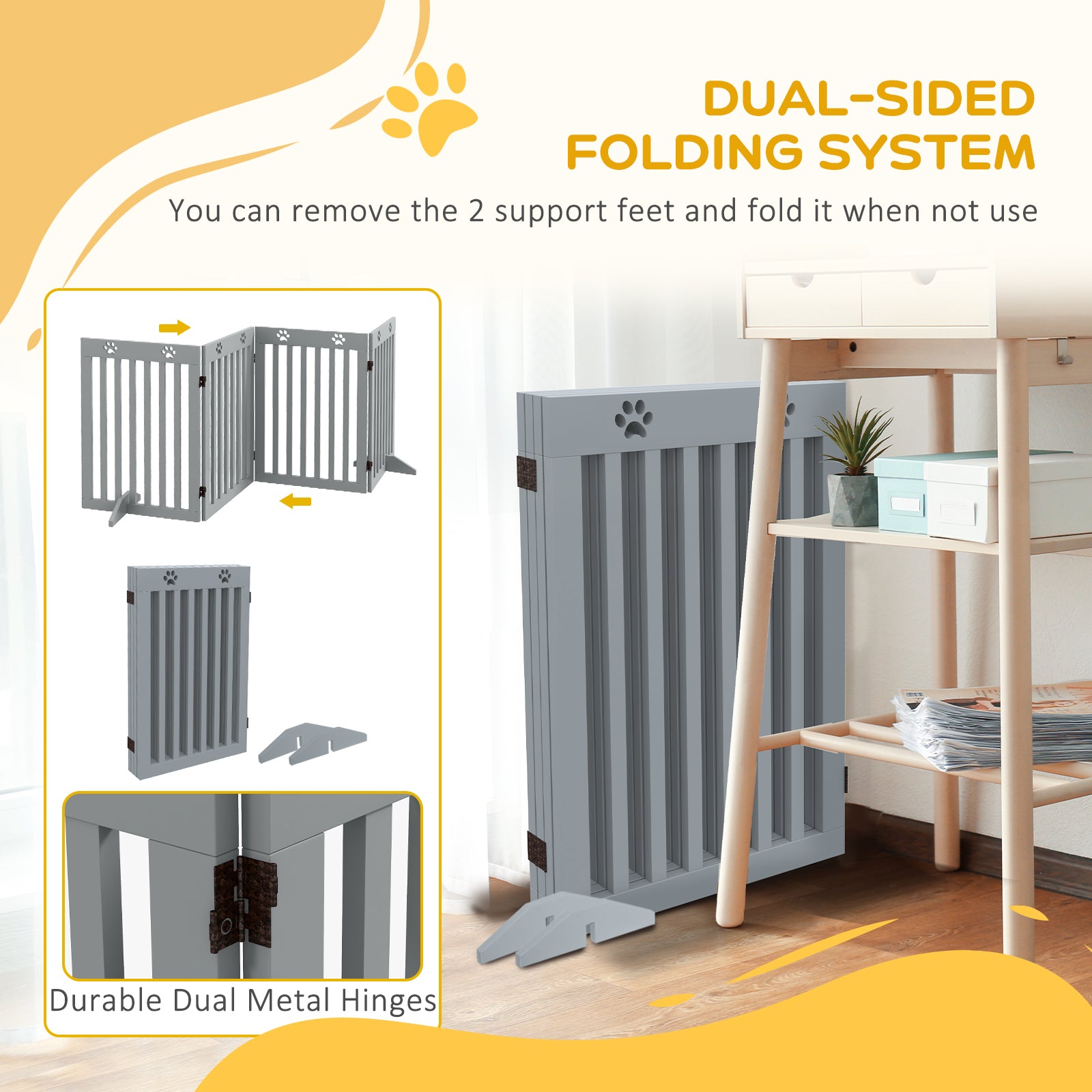 Freestanding Pet Gate 4 Panel Dog Barrier Folding Safety Fence with Support Feet up to 80.25" Long 29.5" Tall for Doorway Stairs Black Light Grey