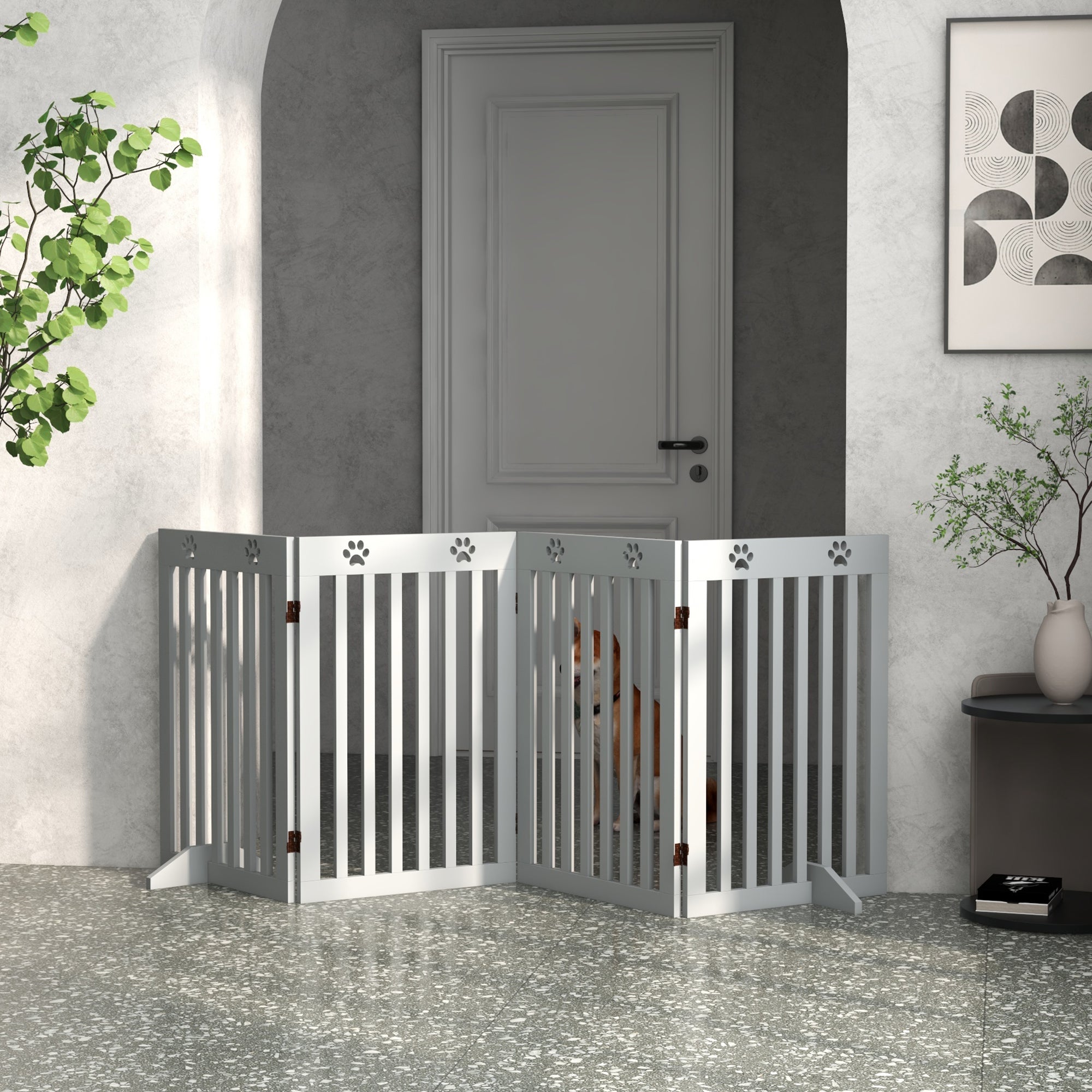 Freestanding Pet Gate 4 Panel Dog Barrier Folding Safety Fence with Support Feet up to 80.25" Long 29.5" Tall for Doorway Stairs Black Light Grey