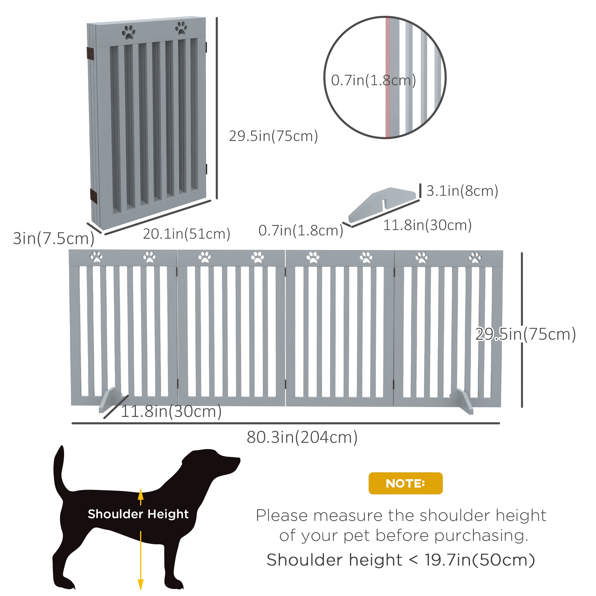 Freestanding Pet Gate 4 Panel Dog Barrier Folding Safety Fence with Support Feet up to 80.25" Long 29.5" Tall for Doorway Stairs Black Light Grey