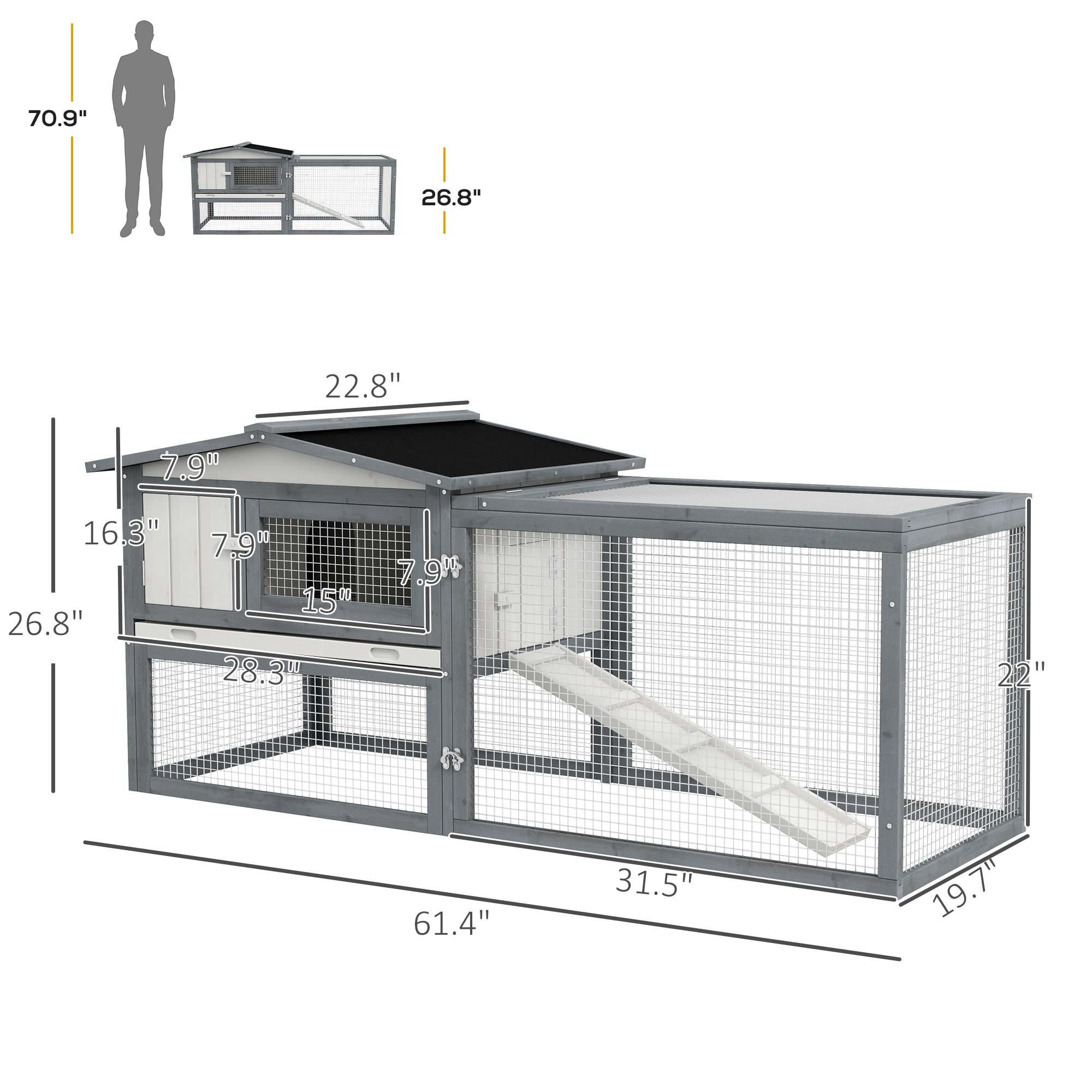 PawHut Rabbit Hutch 2-Story Bunny Cage, Guinea Pig Cage, Small Animal House with Slide Out Tray, for Indoor Outdoor, 61.5" x 23" x 27", White