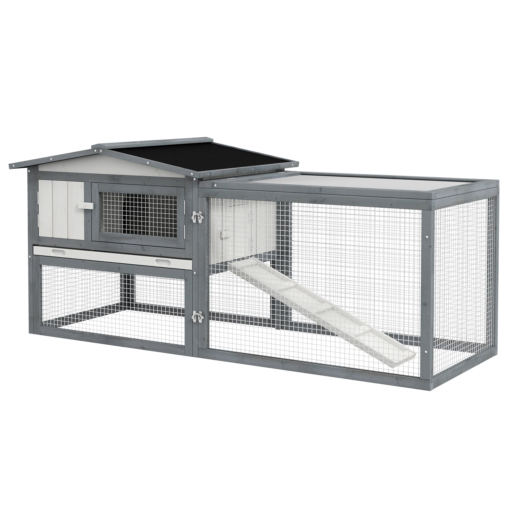 PawHut Rabbit Hutch 2-Story Bunny Cage, Guinea Pig Cage, Small Animal House with Slide Out Tray, for Indoor Outdoor, 61.5" x 23" x 27", White