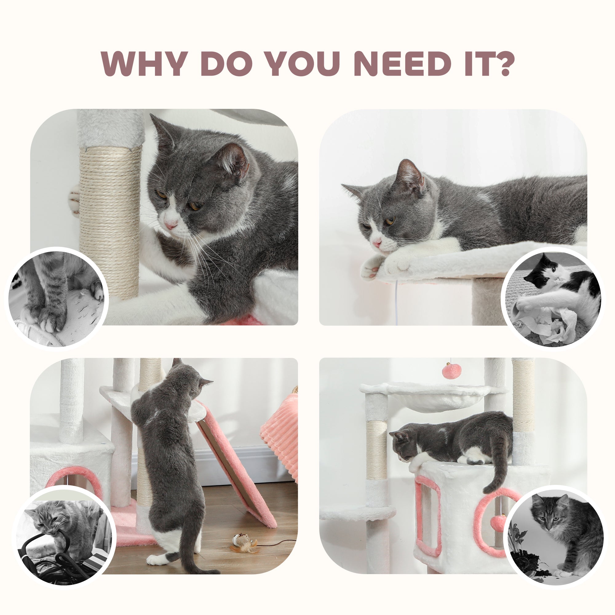 Cat Tree for Indoor Large Adult Cats, 65 Inch Kitty Tower Multi-Level with 2 Doors Condos, Plush Top Perch, Hammock, Sisal Scratching Posts, 4 Pompoms, Ramp, White